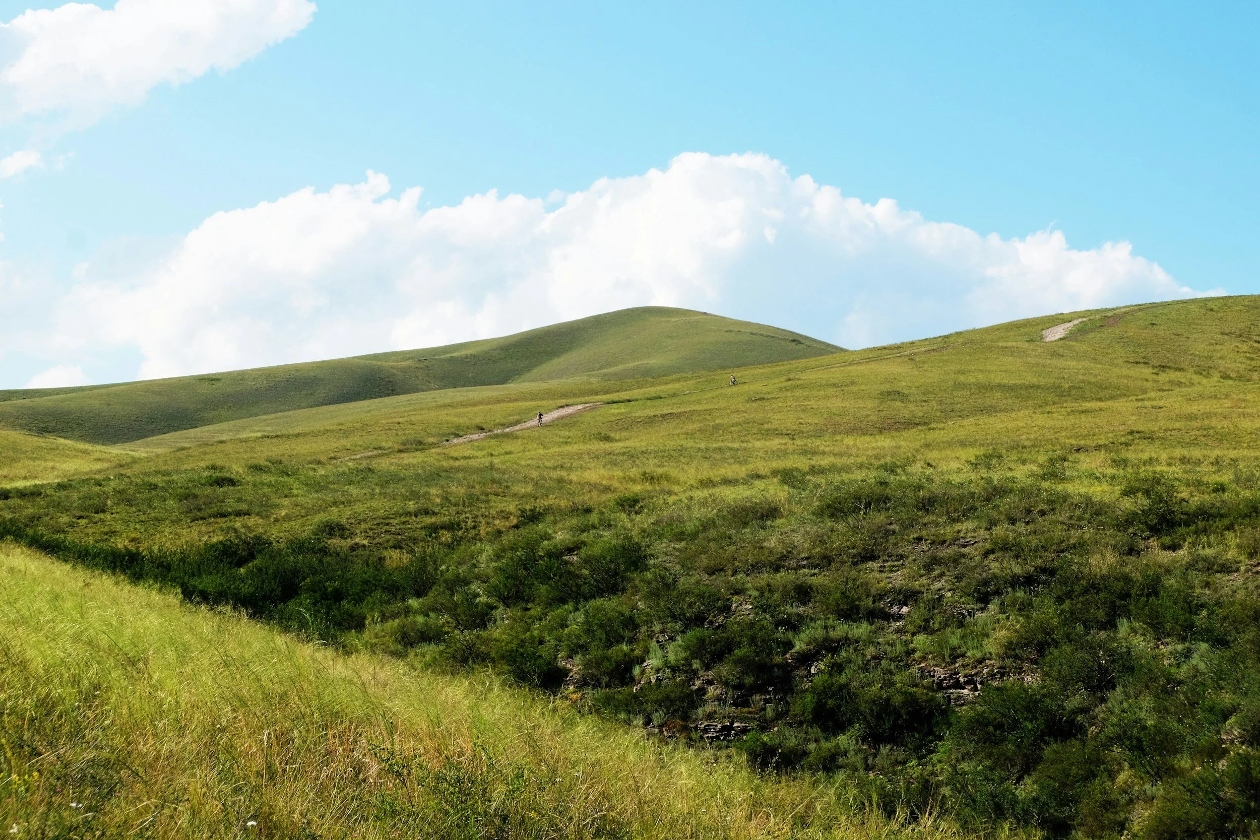 Green rolling hills under a blue sky with scattered white clouds, with two small cyclists riding along a dirt path.