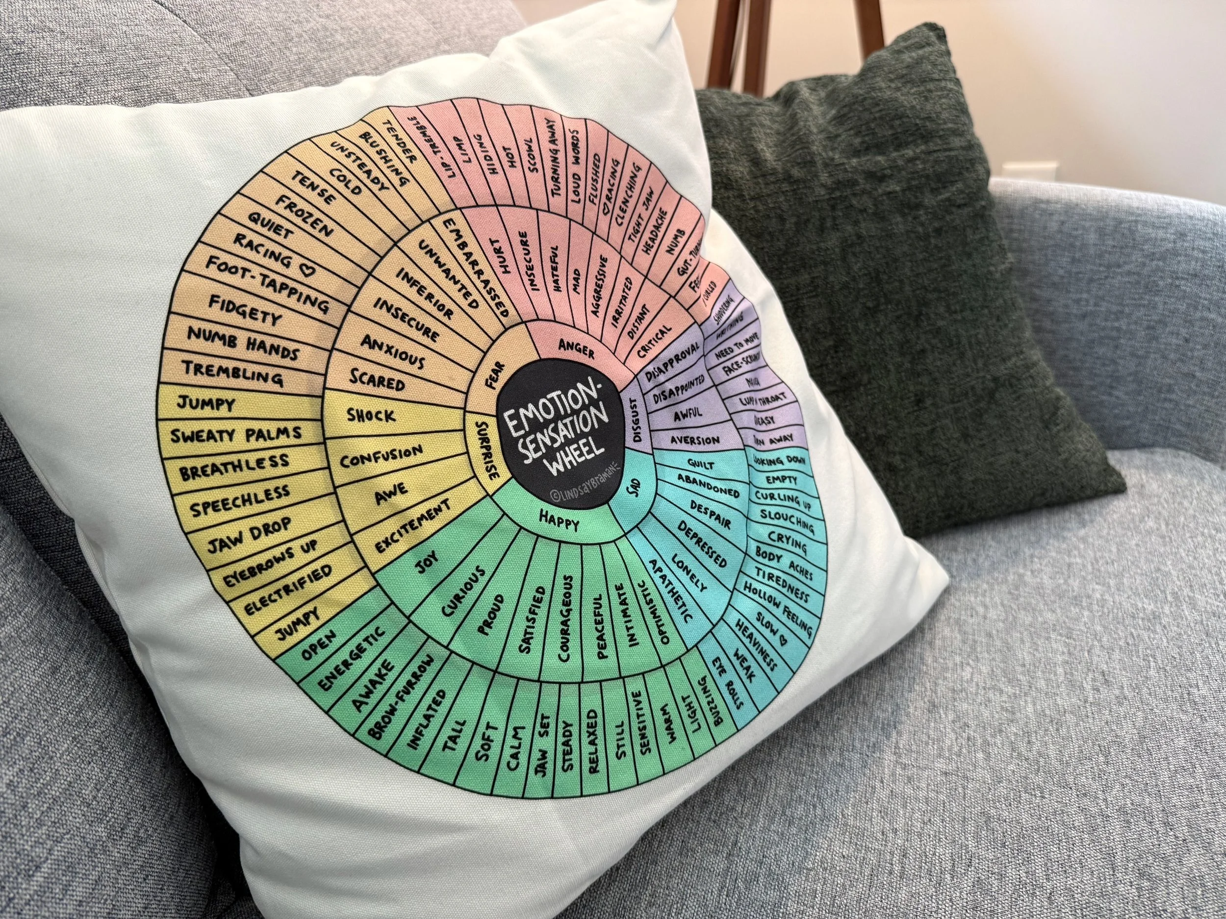 A colorful circular emotion wheel printed on a white pillow, resting on a gray textured sofa with a gray pillow and a wooden chair in the background.