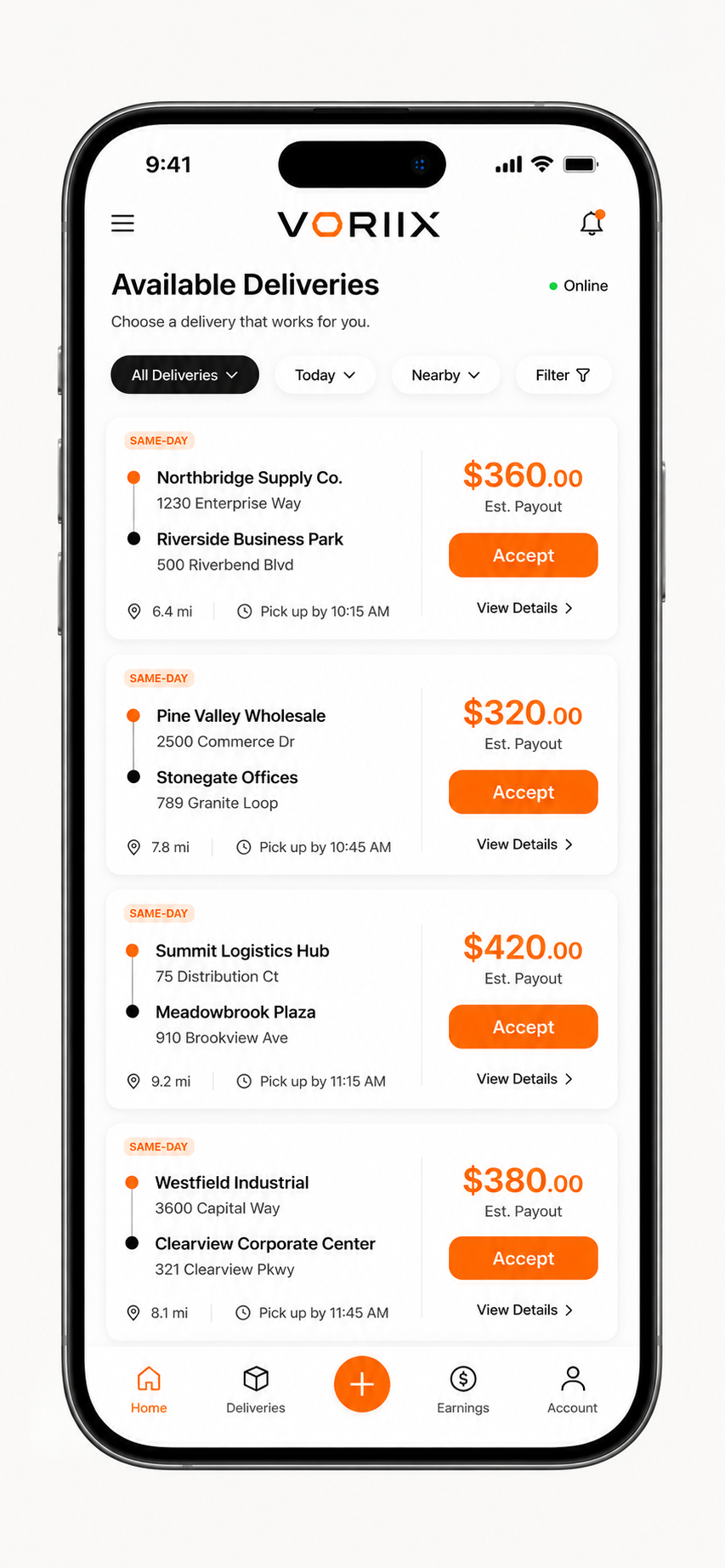 Mobile app screen displaying available same-day delivery options with pickup and destination addresses, estimated payouts, distances, pickup deadlines, and accept buttons for each delivery.