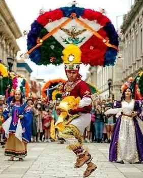 Feather Dance performer leaping mid-parade during a traditional Oaxacan calenda
