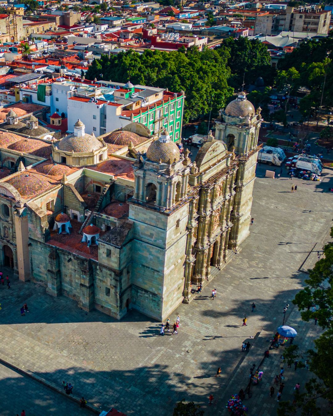 Aerial view of Oaxaca Cathedral, traditional setting for calenda parades in Mexico