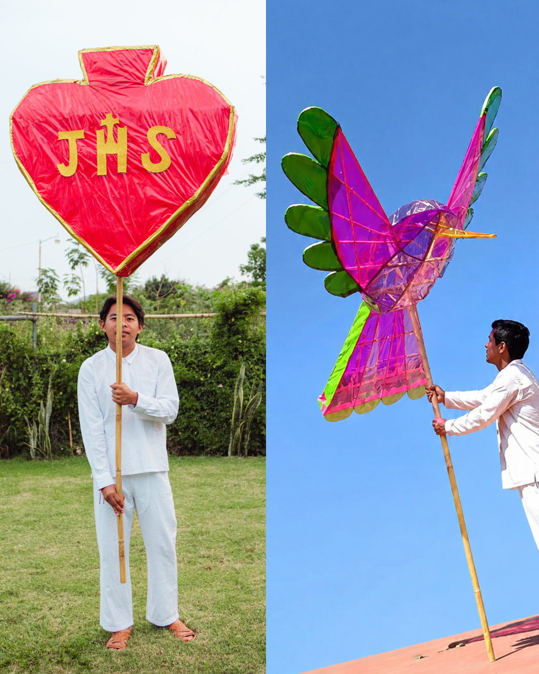 Handmade paper lanterns, heart and hummingbird designs, used in an Oaxacan wedding parade