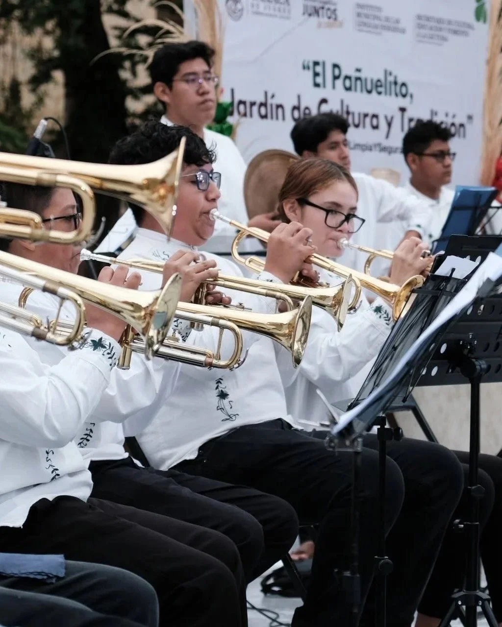 Traditional Oaxacan brass band performing live during a calenda parade