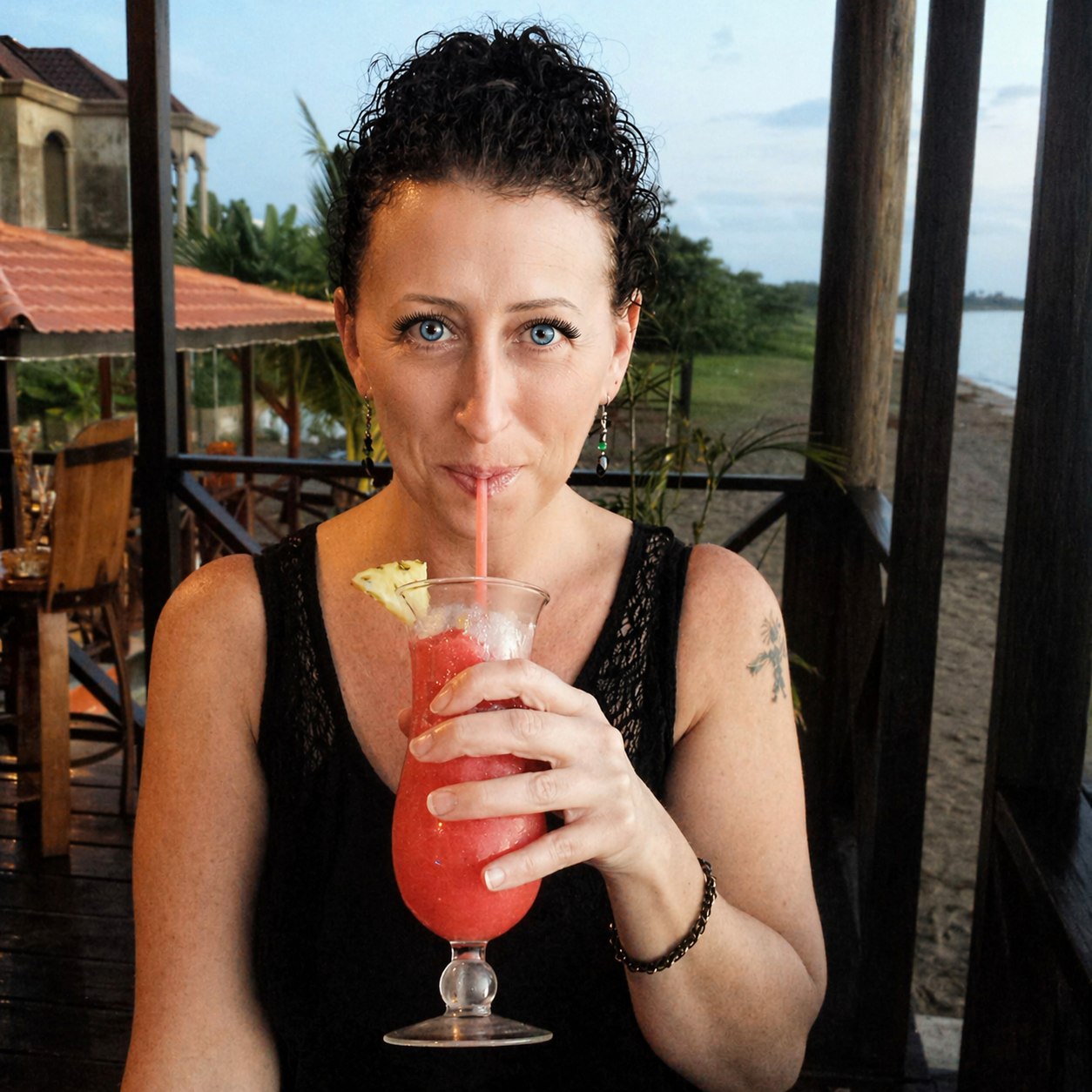 Woman with curly hair and blue eyes sipping a red cocktail with a pineapple garnish on a beachside patio during sunset.