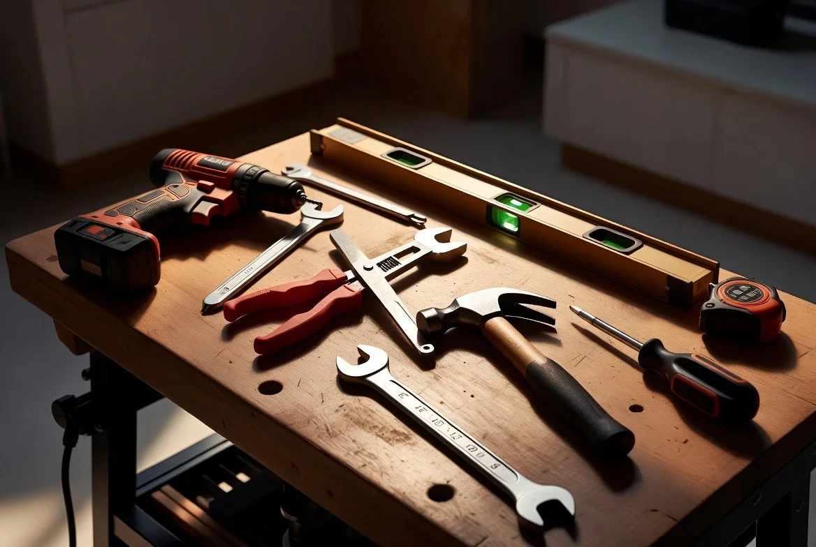 Work tools on a wooden workbench, including a cordless drill, a level, pliers, a wrench, a hammer, a screwdriver, and a tape measure.