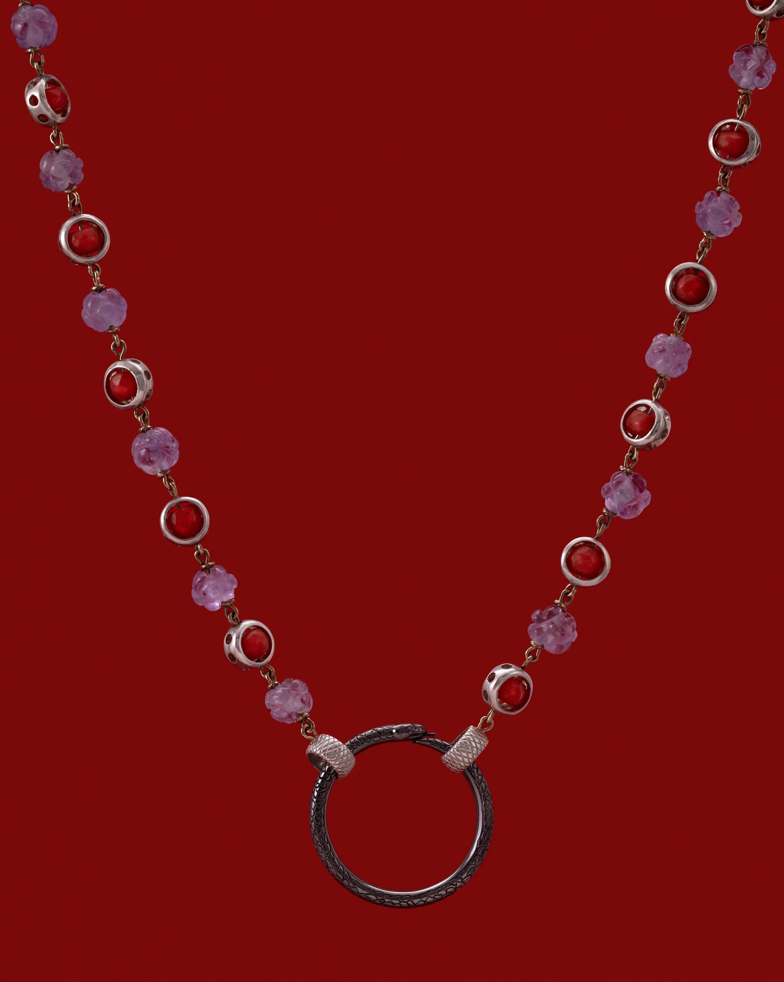 E2J - Ouroboros Necklace, Antique Amethysts & Coral