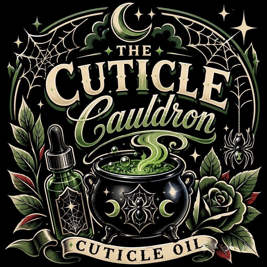 Design for a product called The Cuticle Cauldron featuring a black cauldron with green potion, surrounded by leaves, a spider with a web, a spider web bottle, and decorative stars and moon, with the product name and description in stylized fonts.