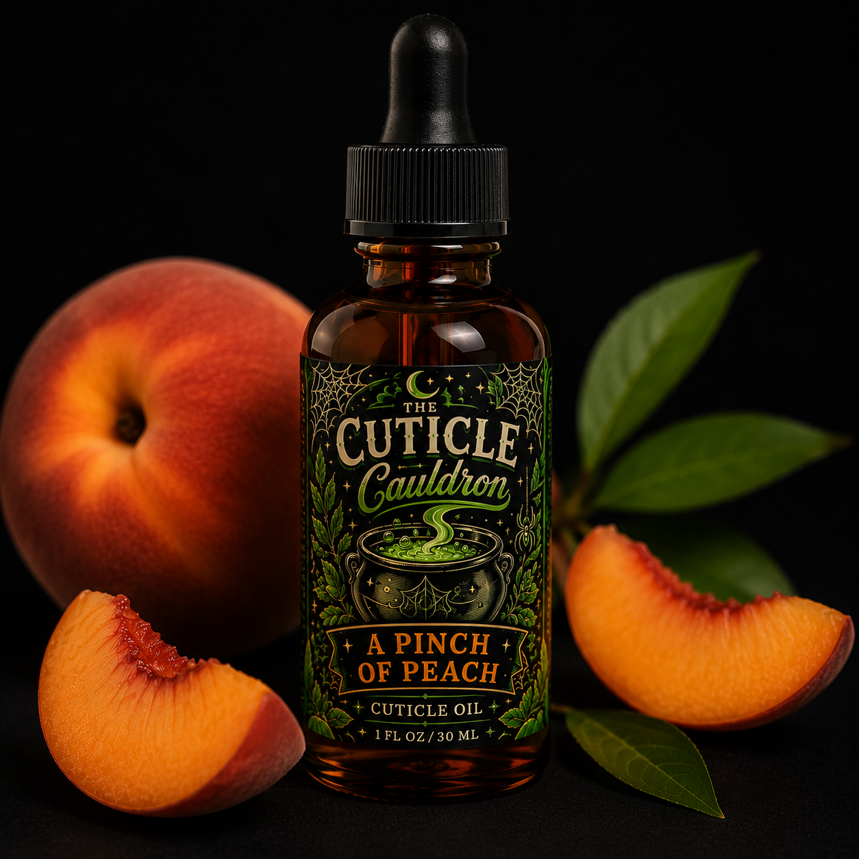 A bottle of The Cuticle Cauldron cuticle oil labeled "A Pinch of Peach" surrounded by a whole peach and peach slices, with green leaves, against a black background.