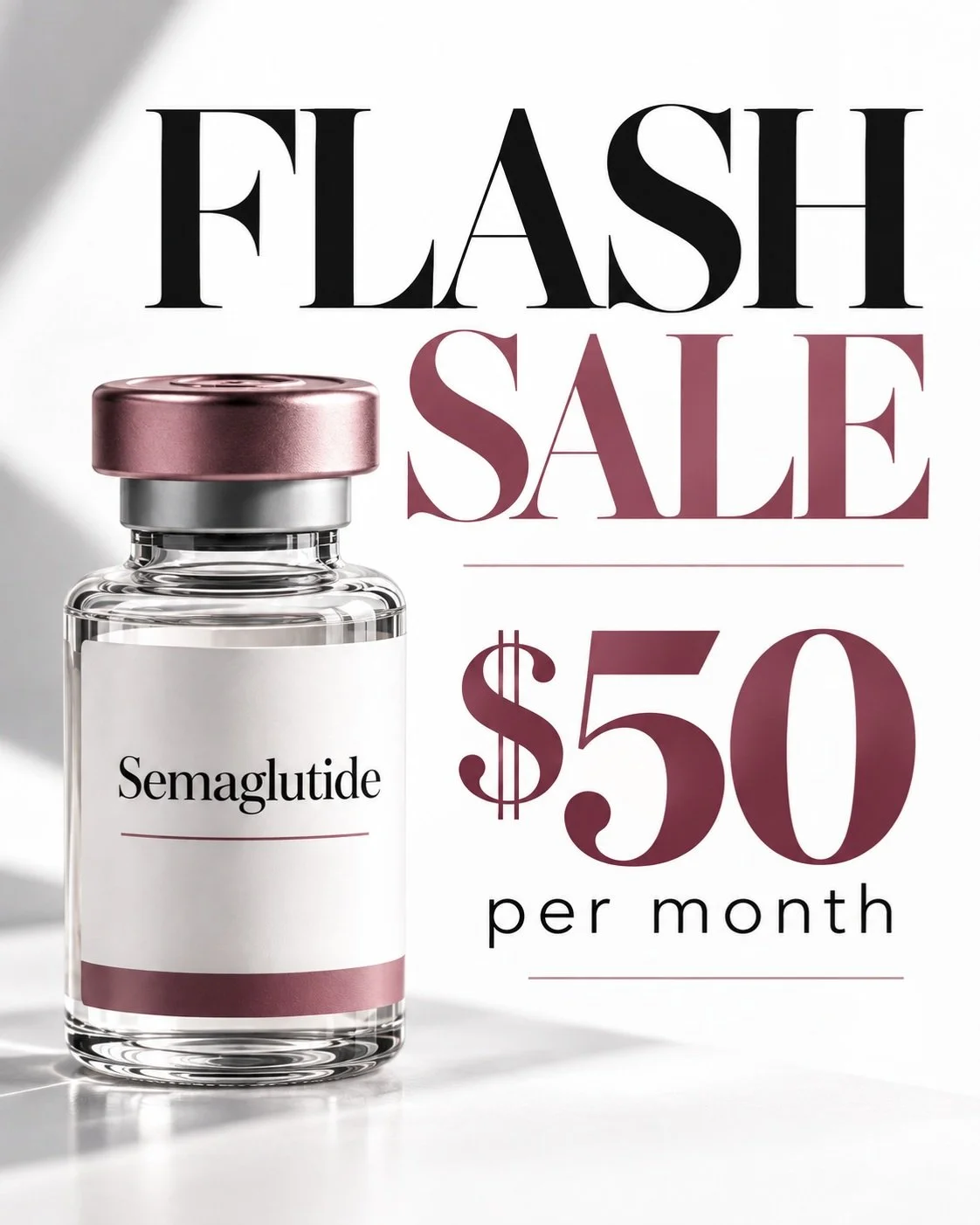 FLASH SALE ✨
For a limited time, get 1 month of semaglutide for just $50.

This offer is available through October 29th and is for local clients only.

No shipping is available for this promotion.

All clients must be medically cleared and approved f