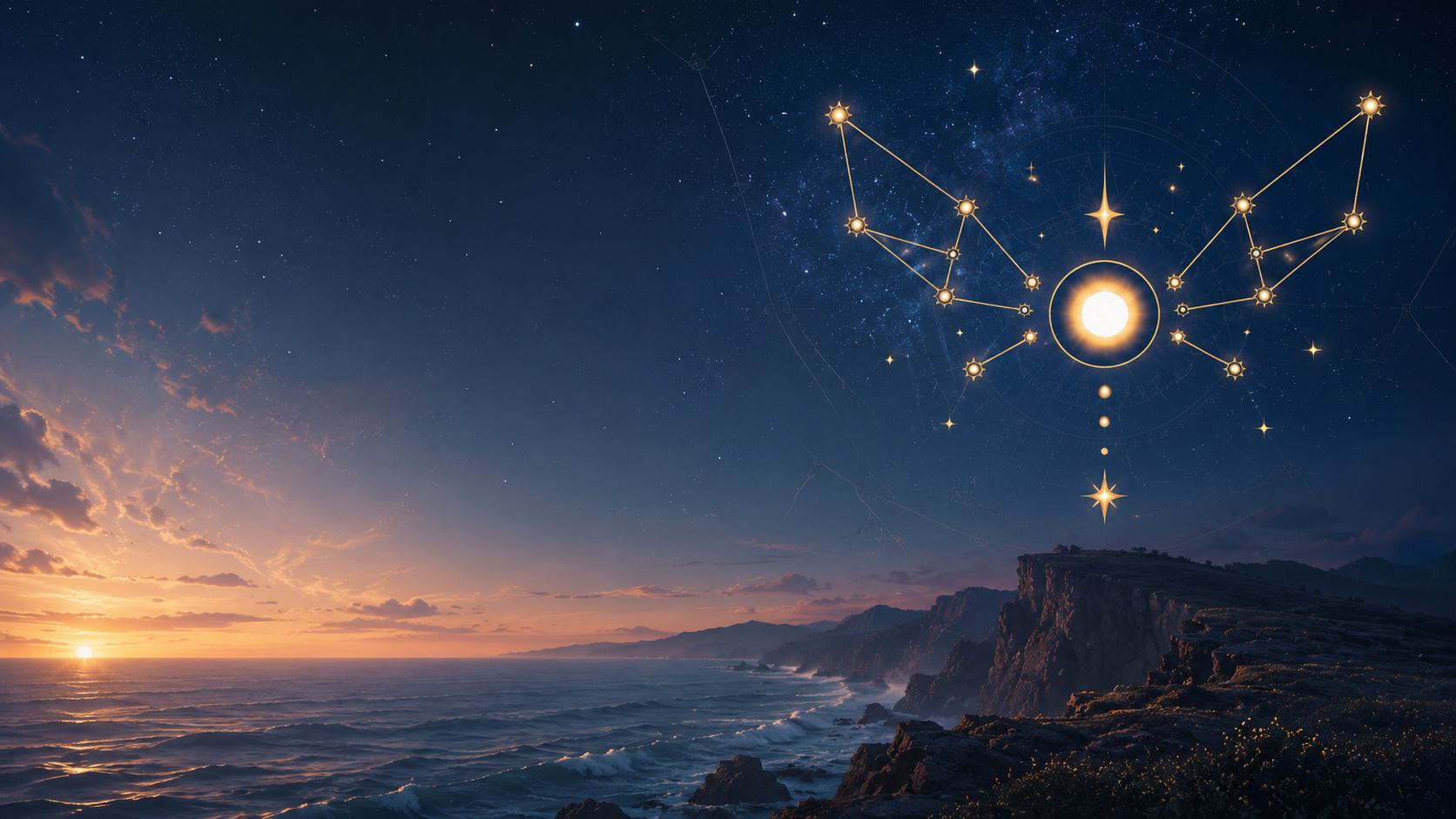 A coastal scene at sunset with cliffs and ocean waves, overlaid with a digital illustration of a celestial map featuring the moon, stars, and constellation lines in the sky.