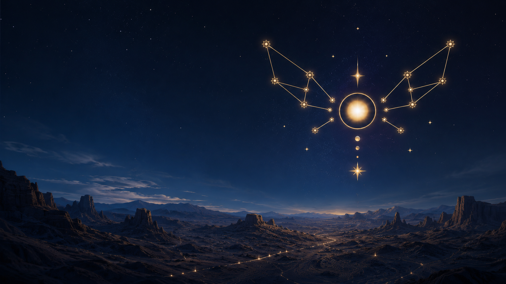 Nighttime desert landscape with rock formations under a starry sky, overlaid with a glowing celestial diagram of planetary orbits and constellations.