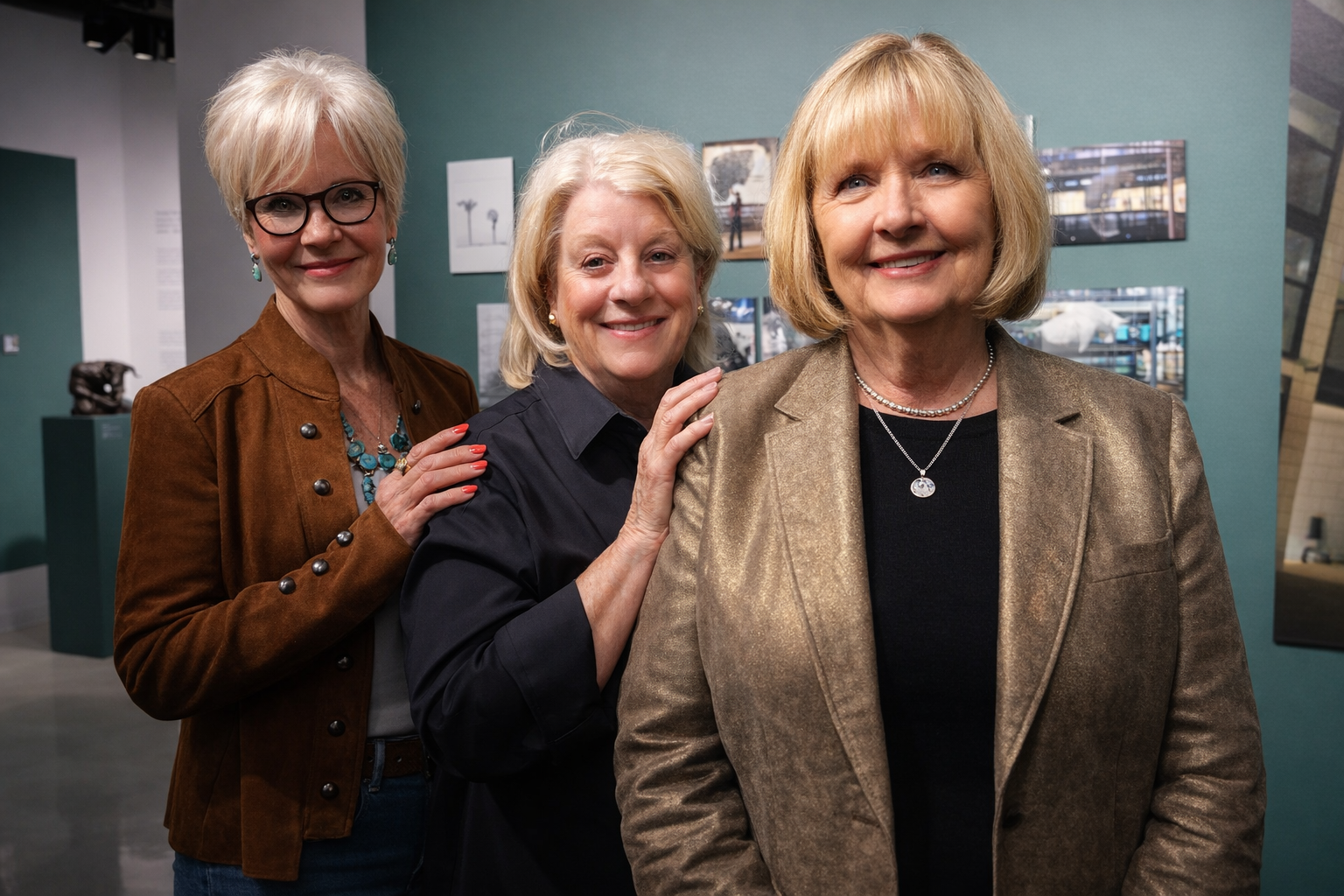 Three women smiling at an art gallery.