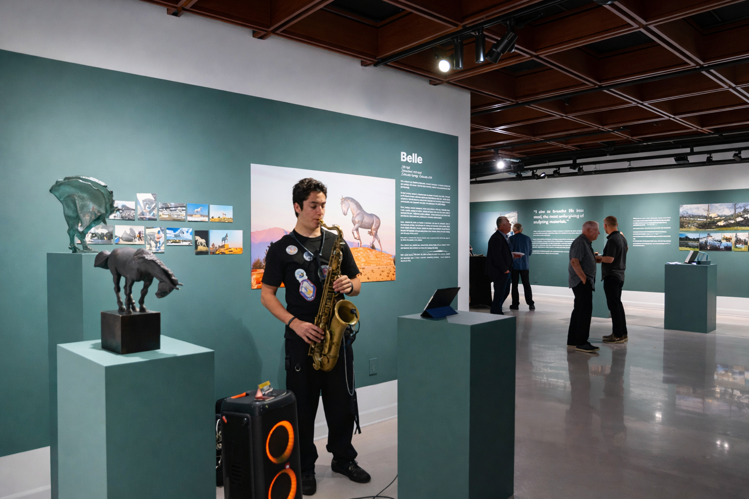 Visitors at a museum exhibit viewing sculptures and photographs of animals, with a young man playing instrument in the foreground and people discussing in the background.