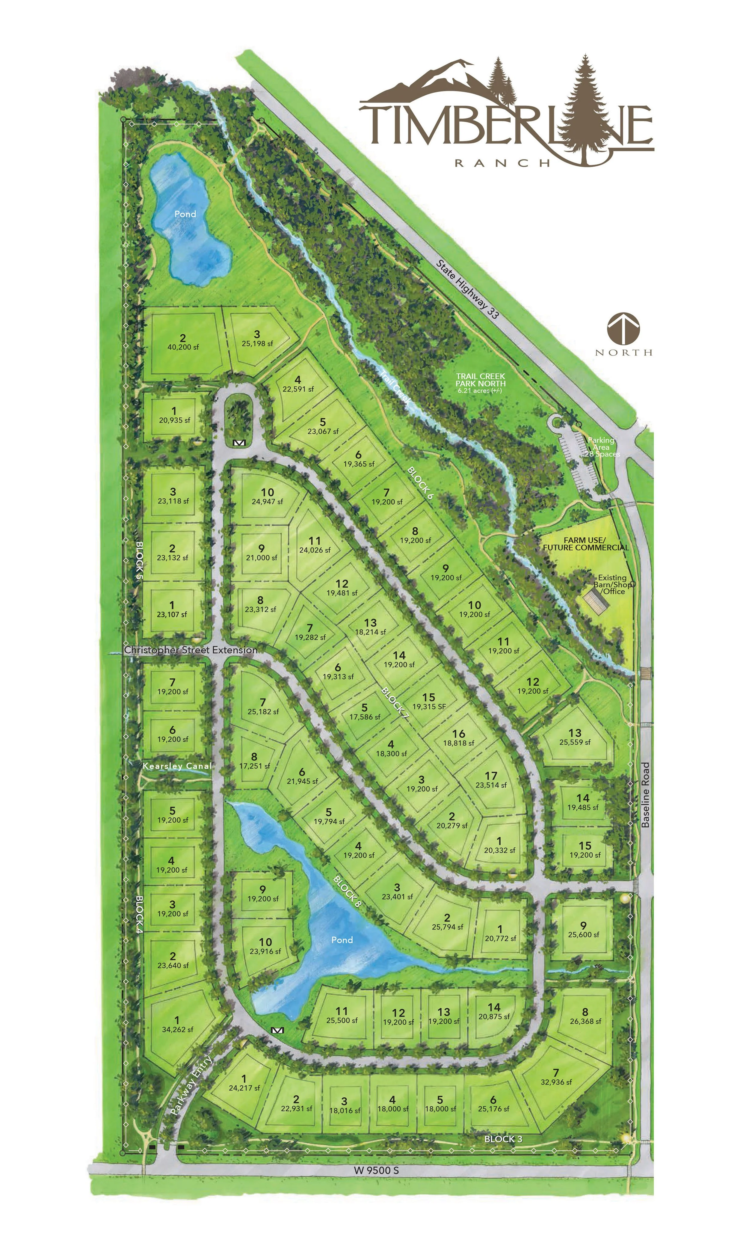 A detailed map of Timberline Ranch showing lots, roads, a pond, a creek, and natural areas, with labels for streets and landmarks.