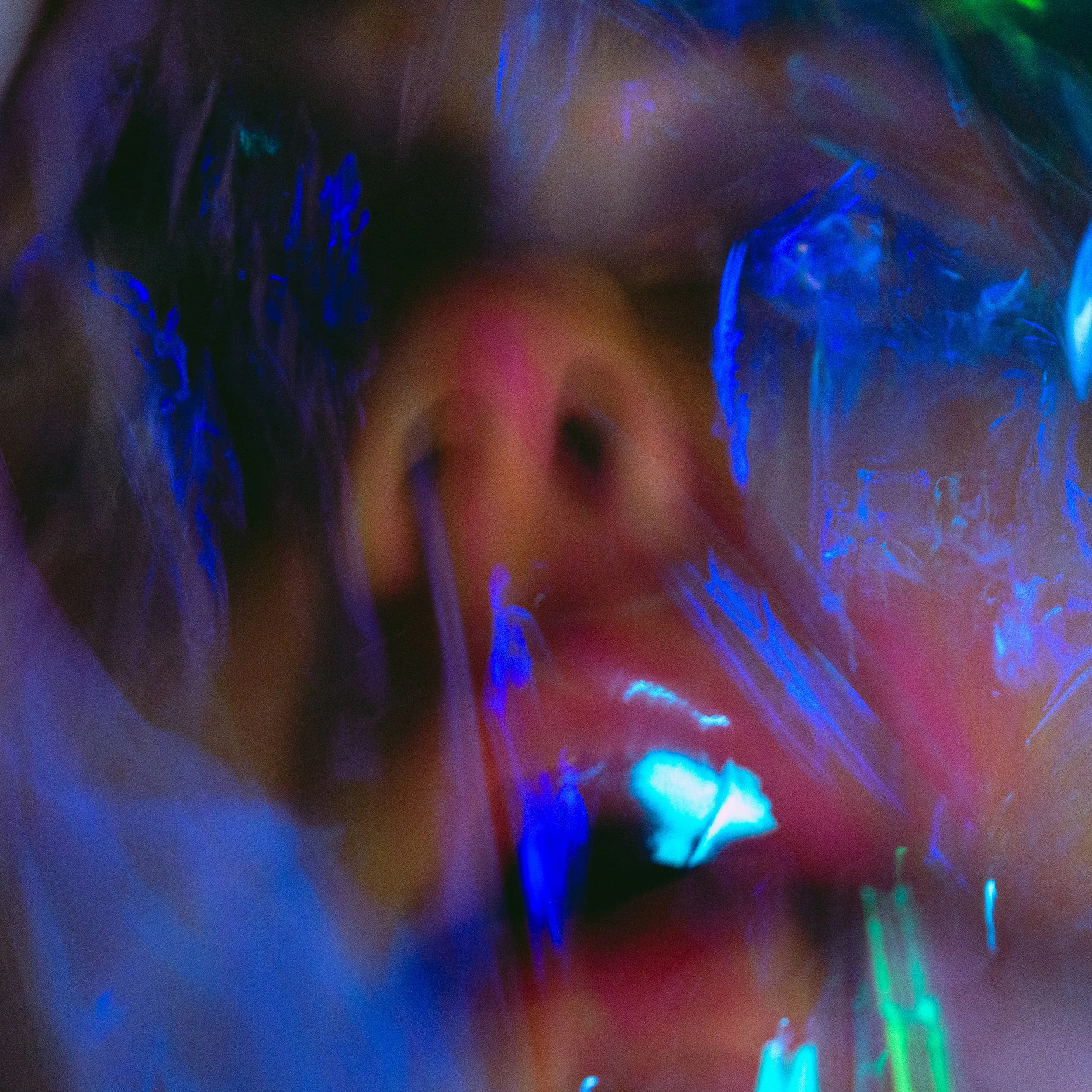 Abstract display of colorful, glowing, iridescent light patterns in shades of blue, purple, green, red, and yellow.