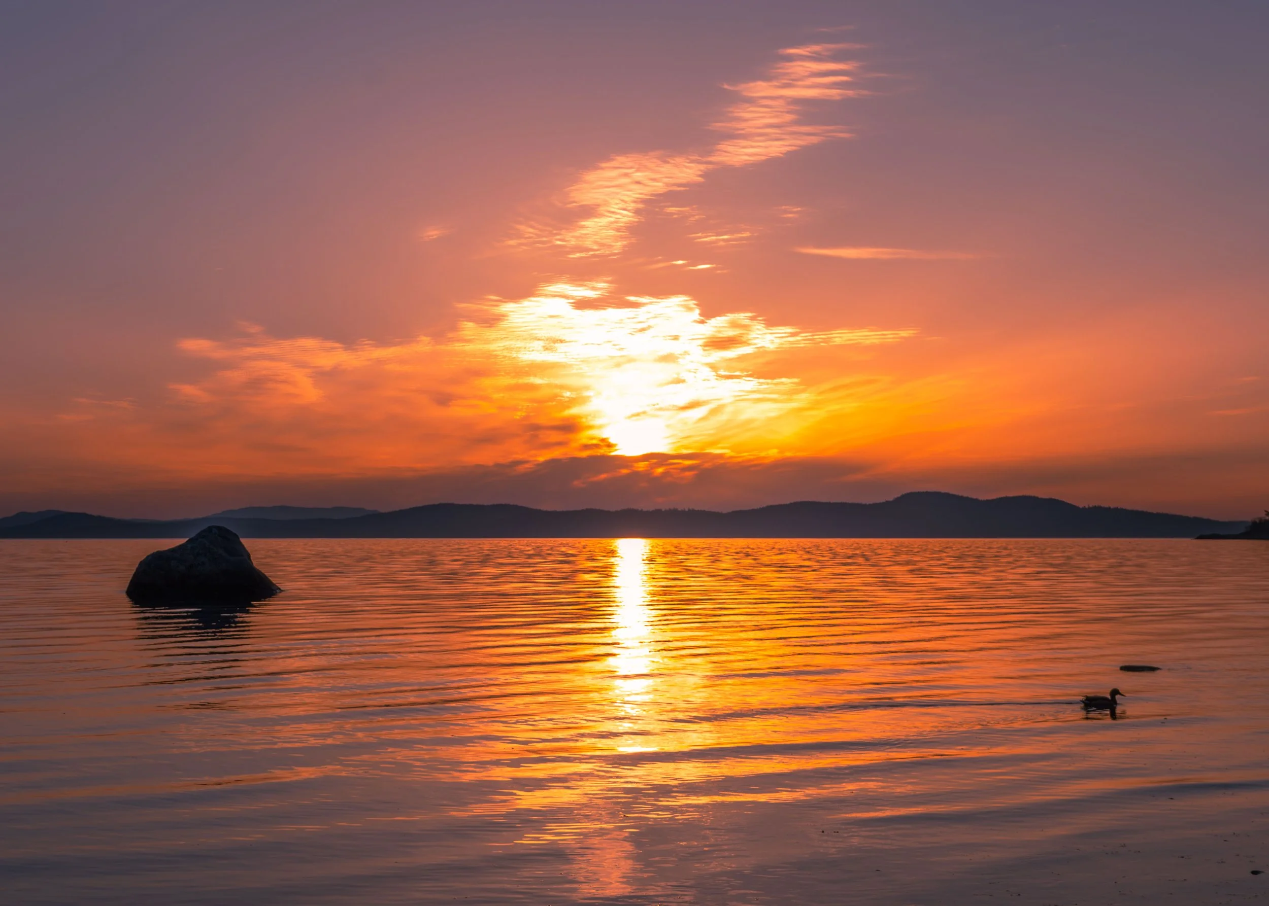 A sunset over a body of water with mountains in the distance. The sky is a gradient of purple, pink, and orange, and the sun is partially visible near the horizon. There are a few clouds, a rock in the water, and a duck swimming near the bottom right
