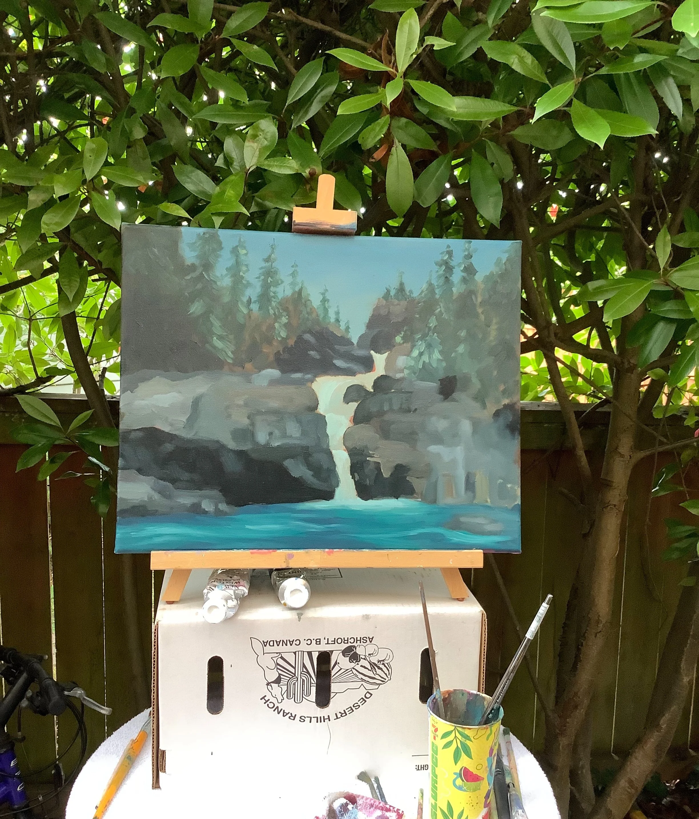 A small bit of progress on my oil painting! Today I tackled some of the rocks. I&rsquo;m definitely challenging my colour mixing abilities with all the shades of grey here, and no, I&rsquo;m not using any black. I found it really hard to stay loose w