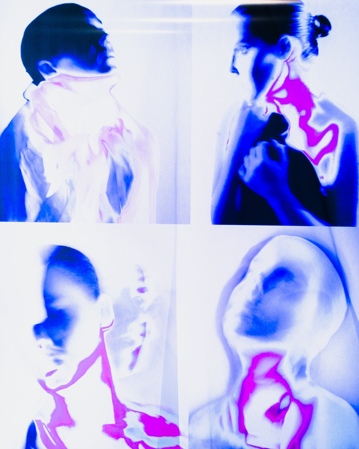 Colorful abstract images of two women facing each other, with one having short hair and the other with long hair tied in a bun.