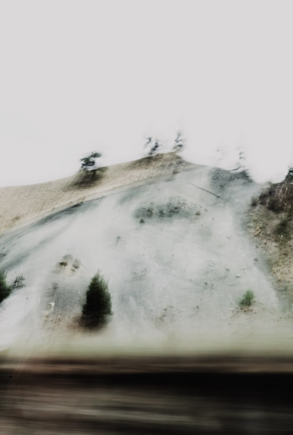 A blurry mountain landscape with snow and scattered trees.