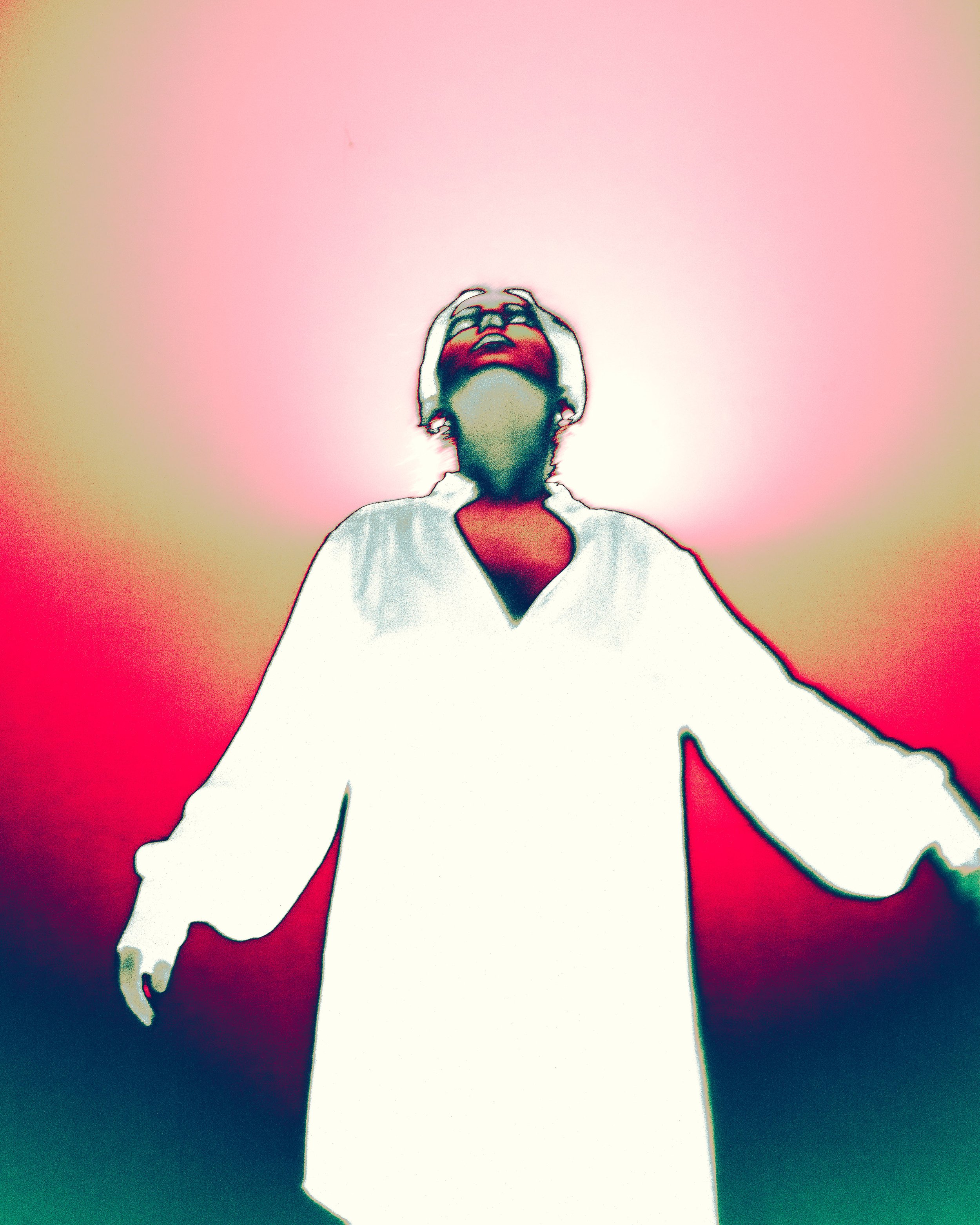 An artistic, stylized drawing of a woman with covered skin, wearing a white shirt, with a pink and red background. The woman is looking up with hands on her forehead.