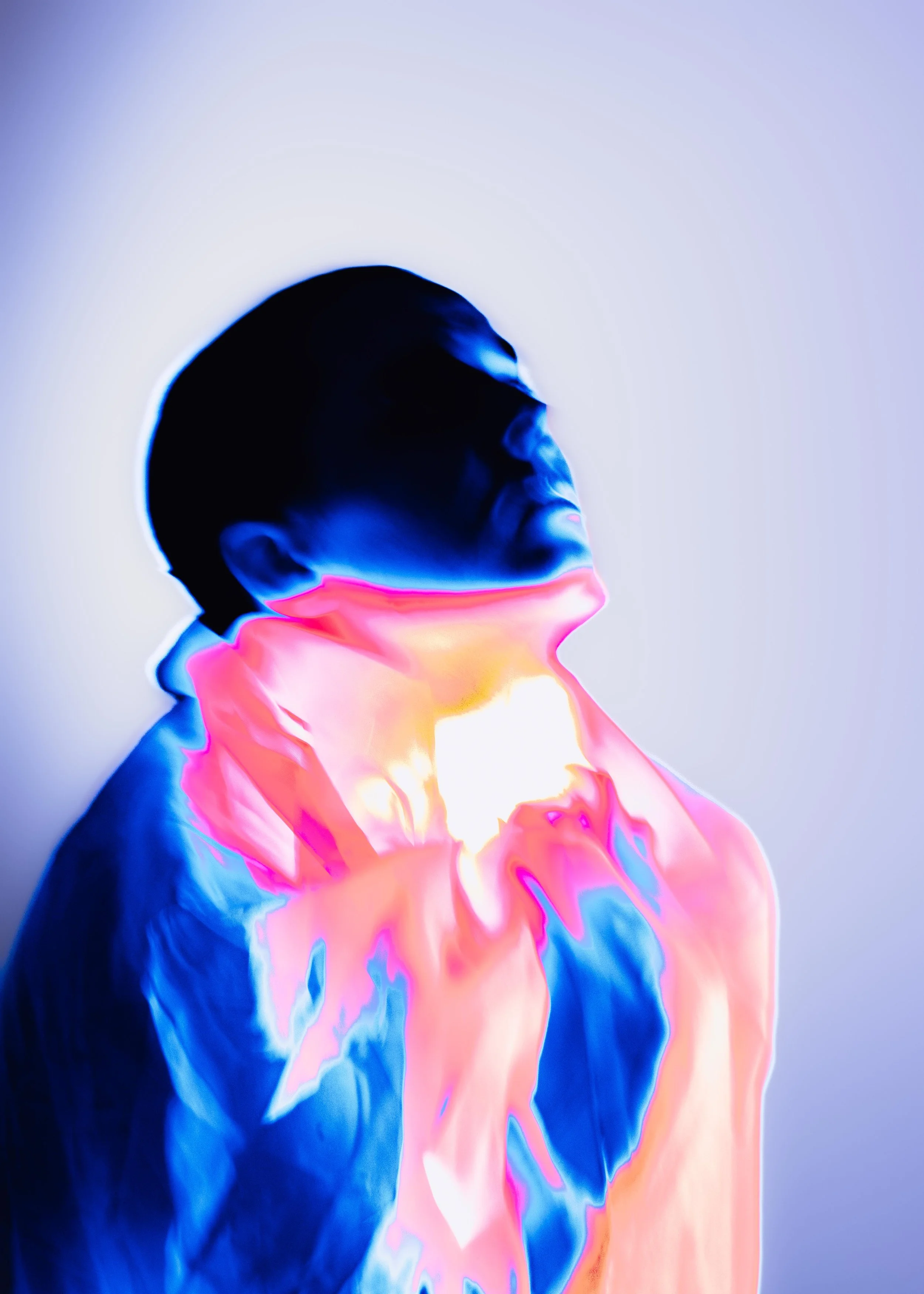 A person's profile in a colorful, abstract, neon-style digital art with vibrant pink, blue, purple, and orange hues.