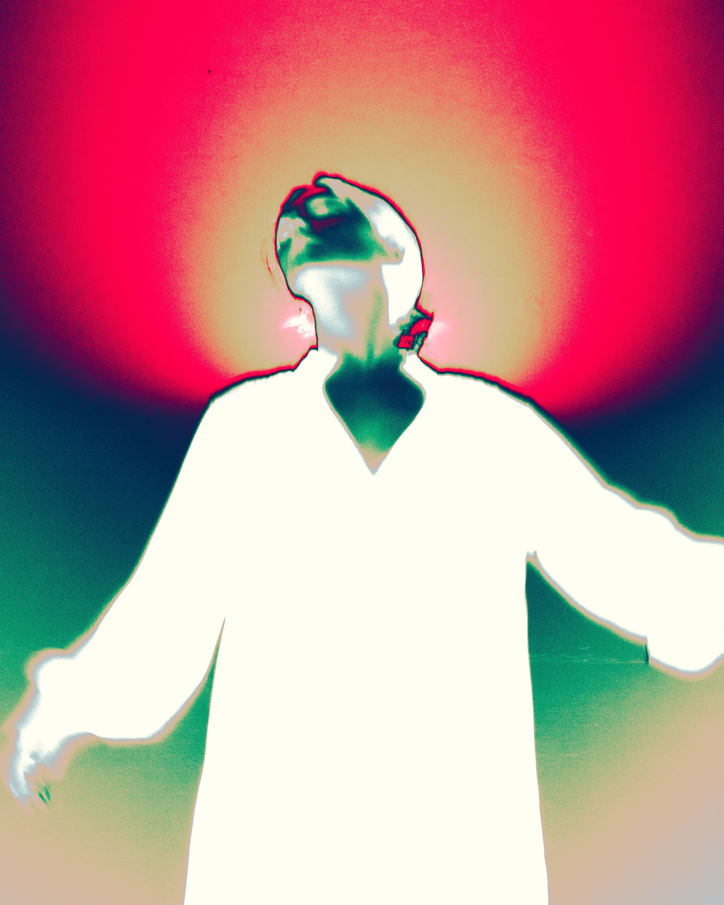 Abstract digital art with neon colors, silhouette of a person with hair and shoulders visible, background with gradient colors from pink to beige to green.