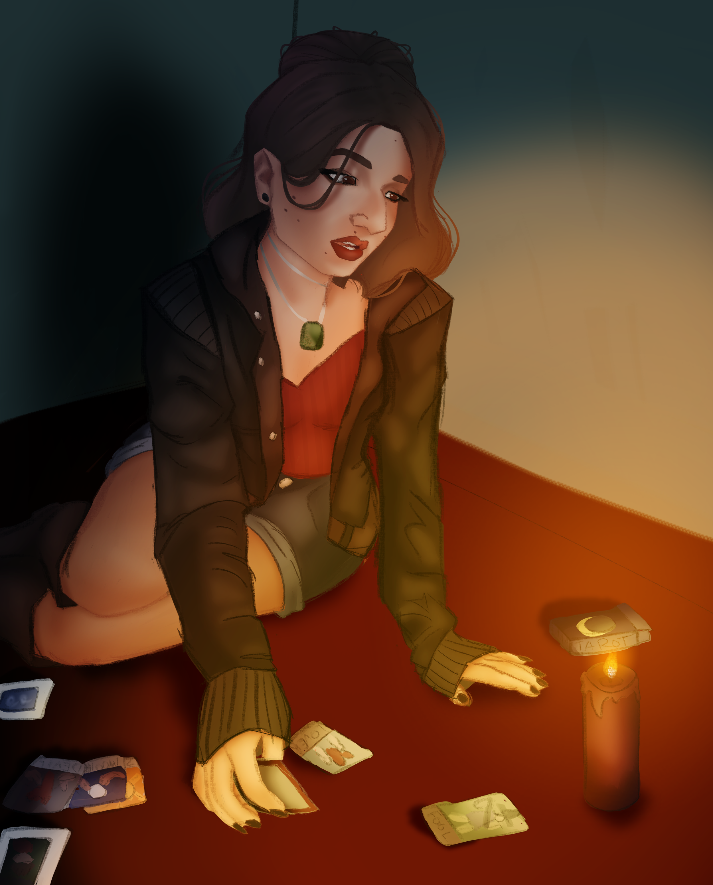 Illustration of a woman sitting on the floor by candlelight, surrounded by tarot cards and wearing a green pendant.