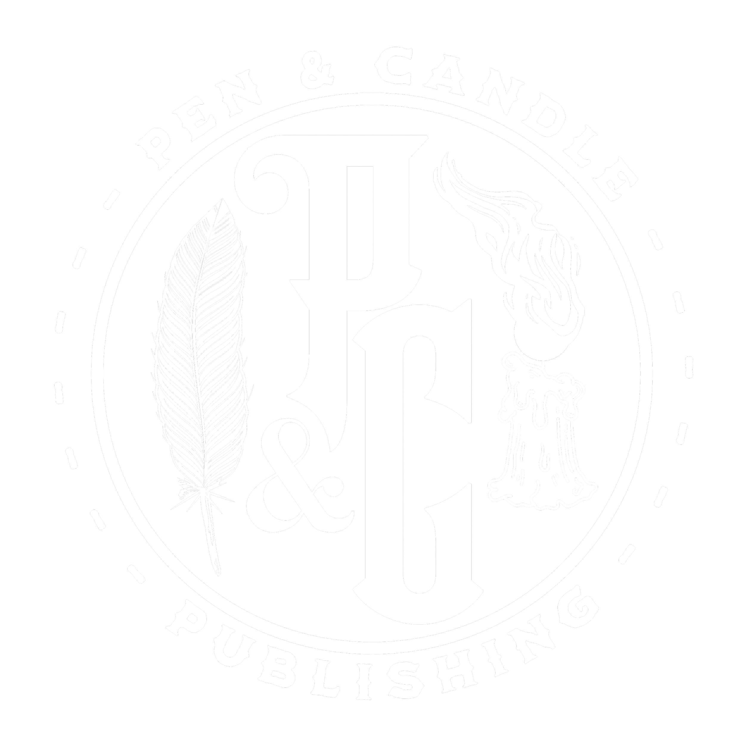 White version of the circular Pen & Candle Publishing logo featuring the initials "P&C", a quill and a lit candle.