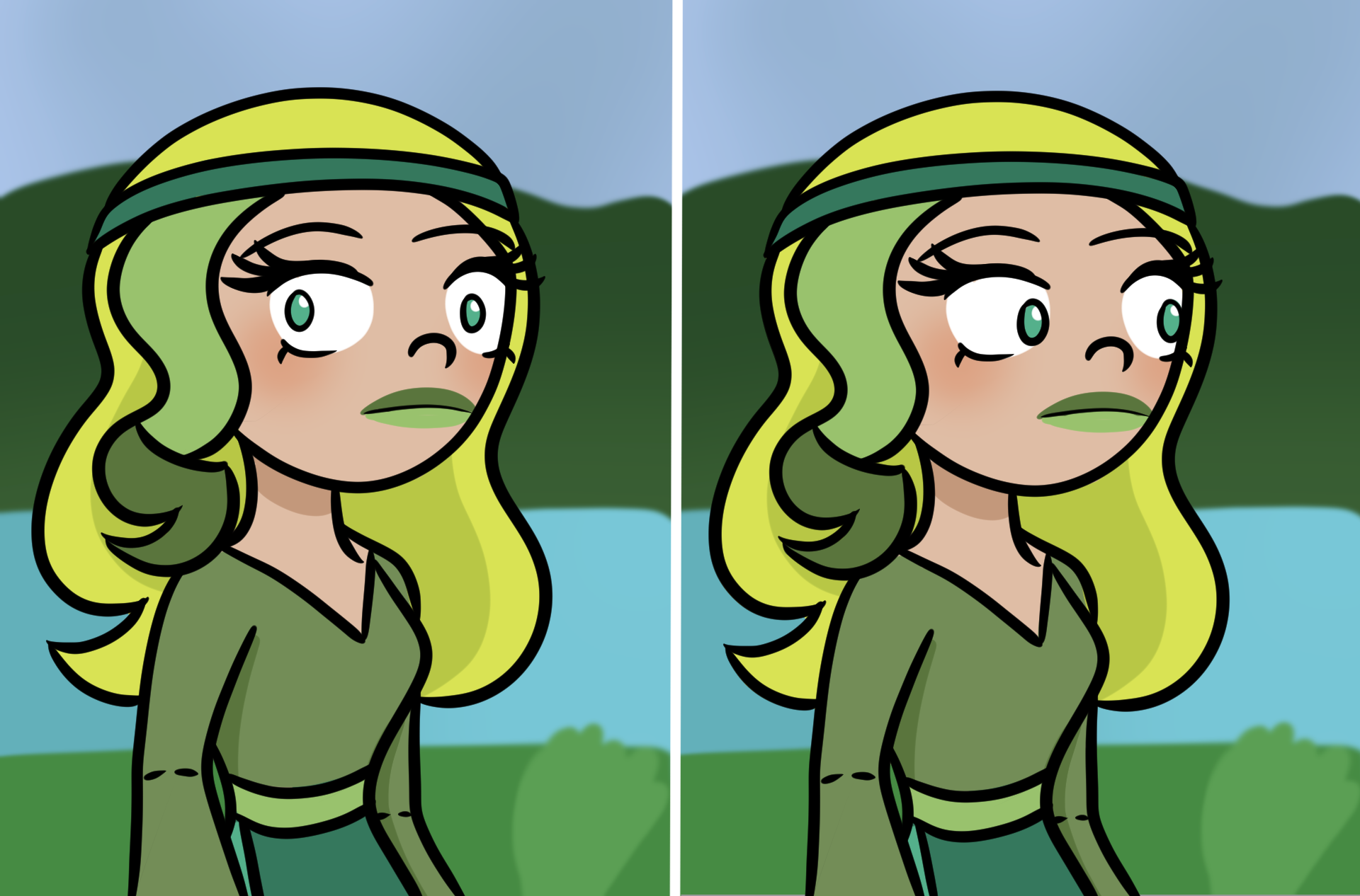 Illustration combining the official INFP character with a popular two-panel meme format, showing the green-haired character looking in opposite directions in identical lakeside settings.