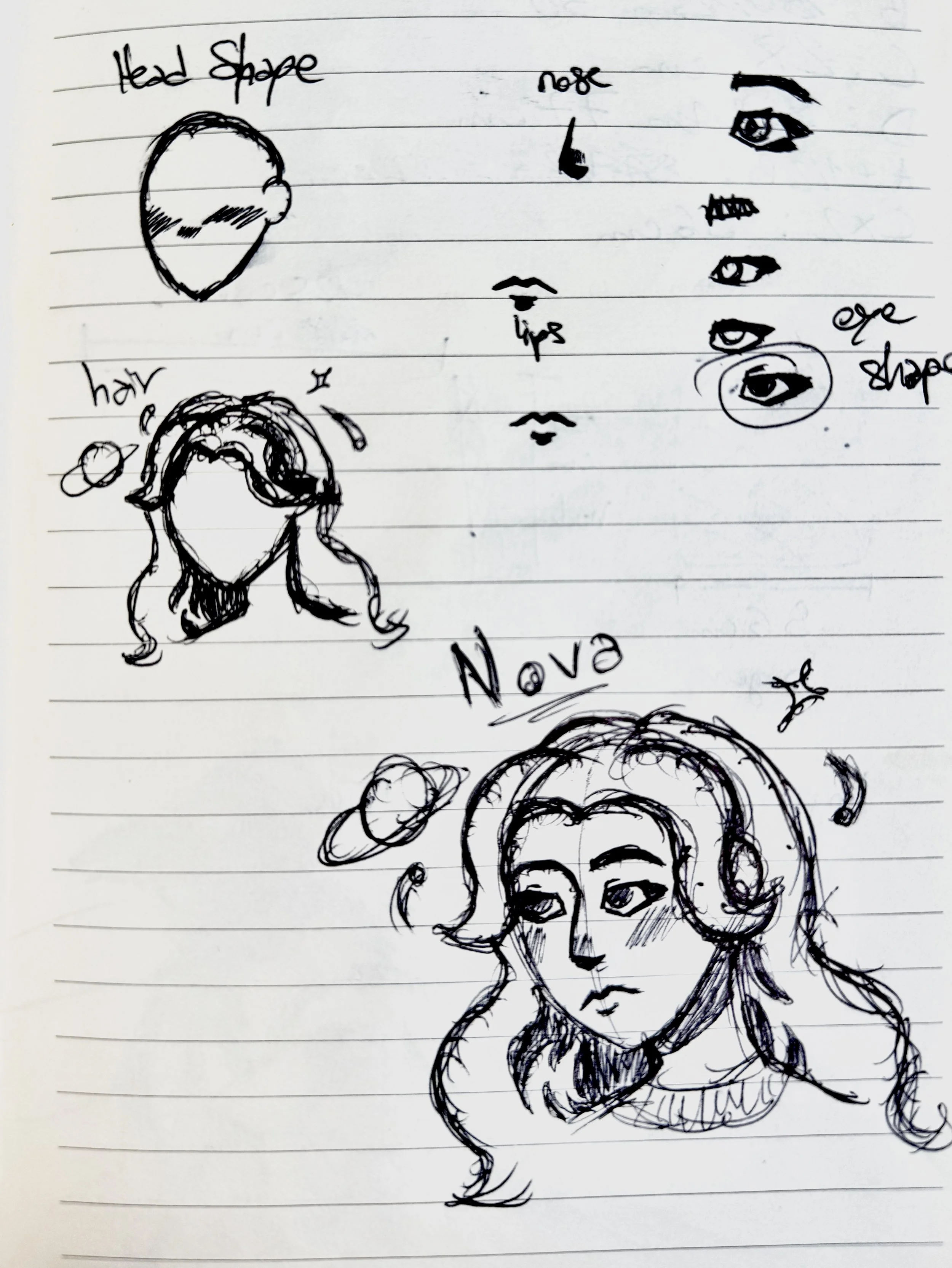 Sketchbook page showing character design studies for Nova, including facial feature sketches, hairstyle exploration and a finished character portrait.