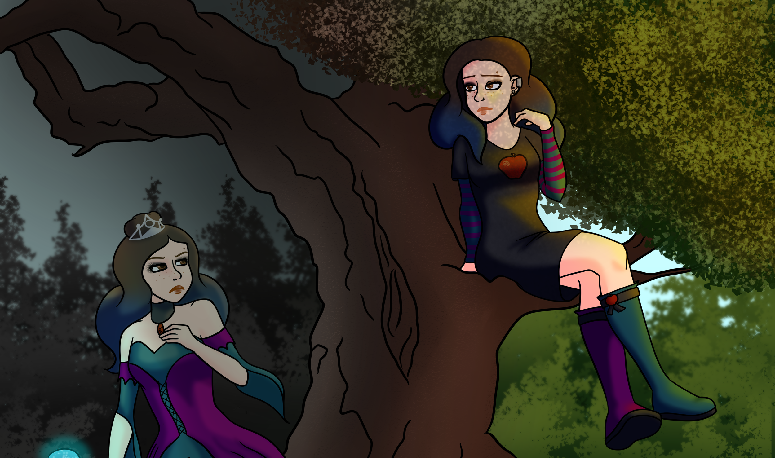 Illustration of two young women with blue ombré hair sitting in opposite sides of a large tree, one dressed as a princess and the other in modern clothing.
