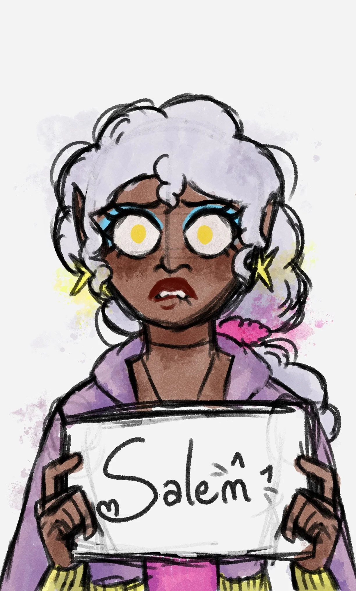 Portrait illustration of Salem, a vampire with curly white hair, glowing yellow eyes and a purple hoodie, holding a name card reading "Salem".