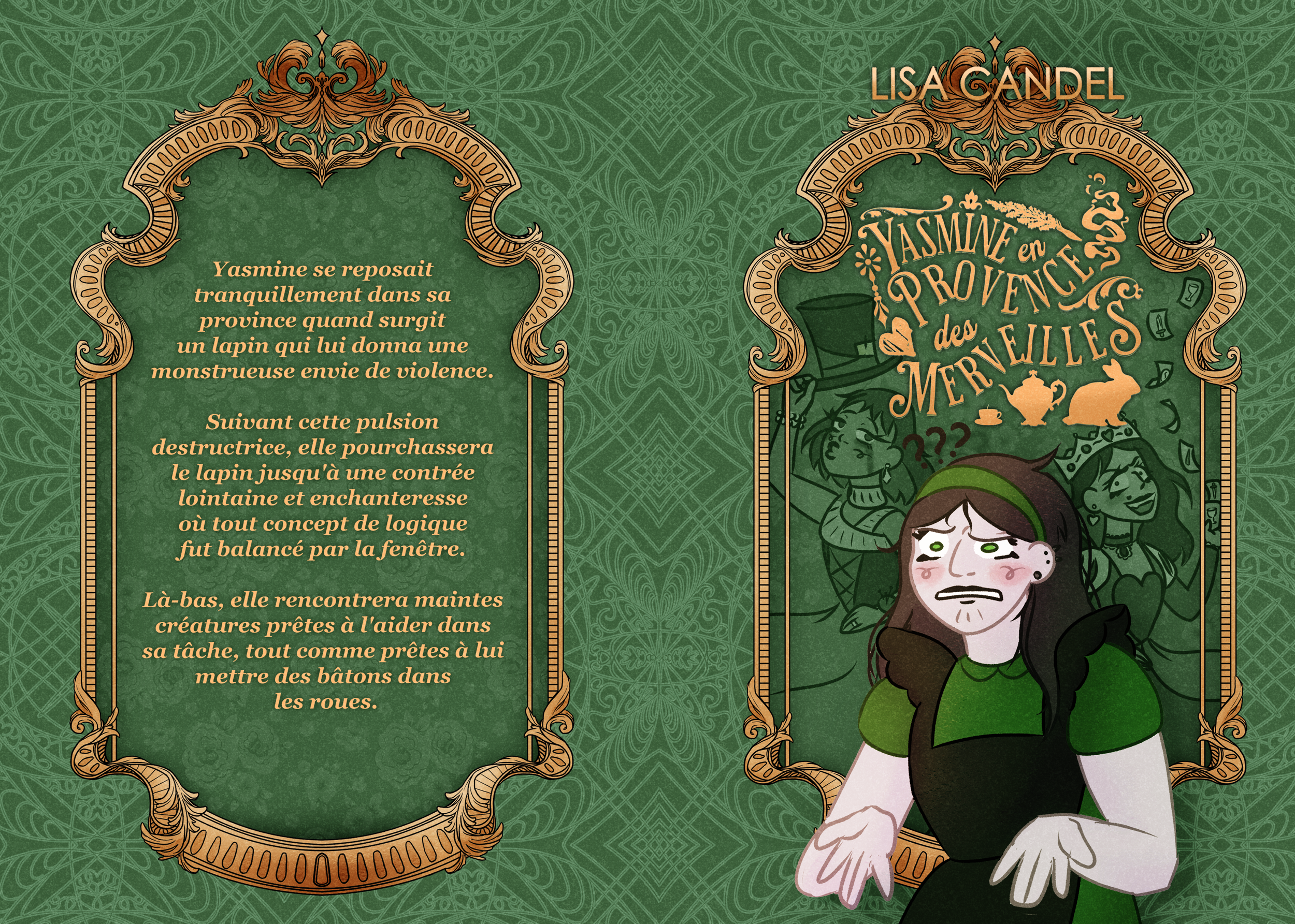 Illustrated French book cover featuring a frustrated young woman in green standing before an ornate frame, with whimsical characters and decorative lettering behind her.