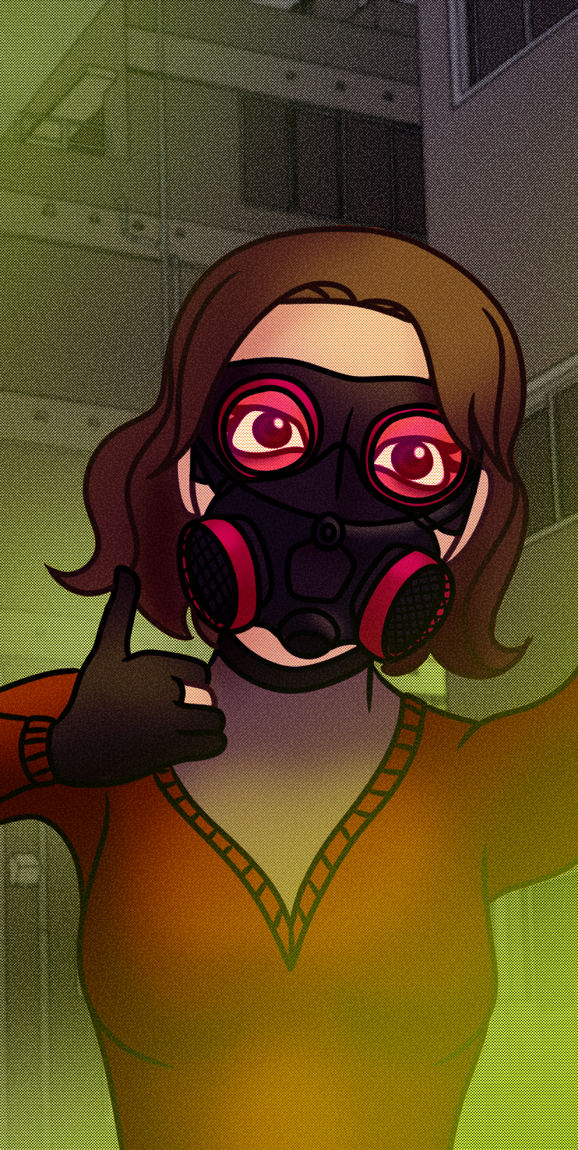  Illustration of a woman wearing a black gas mask with pink filters, giving a thumbs-up in front of a modern building.