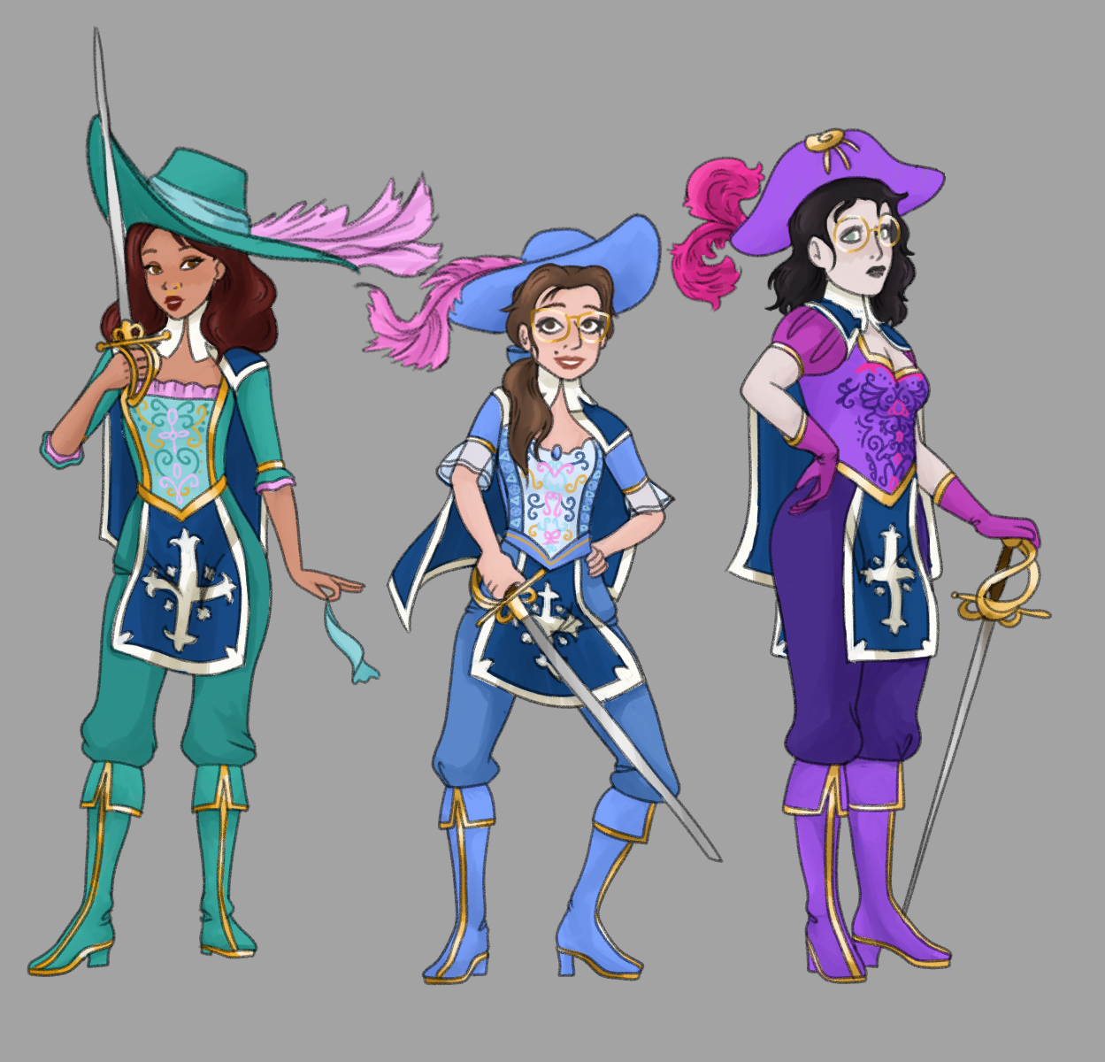 Character costume designs inspired by Barbie and the Three Musketeers, showing three women in colourful musketeer uniforms holding swords.