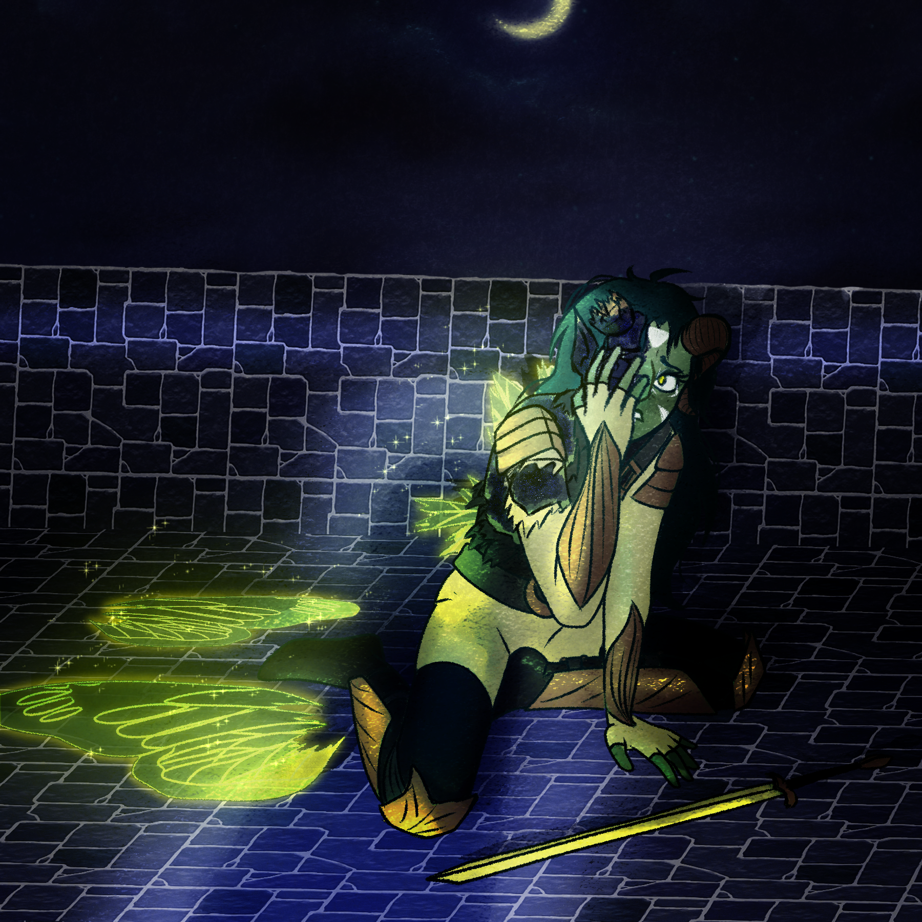Fantasy illustration of a wounded character kneeling in a moonlit stone courtyard beside severed glowing green fairy wings, with a sword lying on the ground nearby.