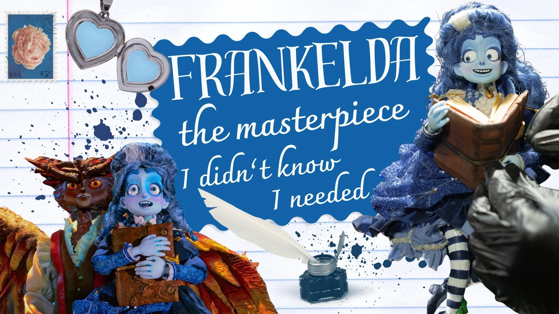 Title card for the article Frankelda: The Masterpiece I Didn't Know I Needed, featuring Frankelda reading a book alongside Herneval, with blue stationery-inspired decorations, heart-shaped jewellery and an ink bottle