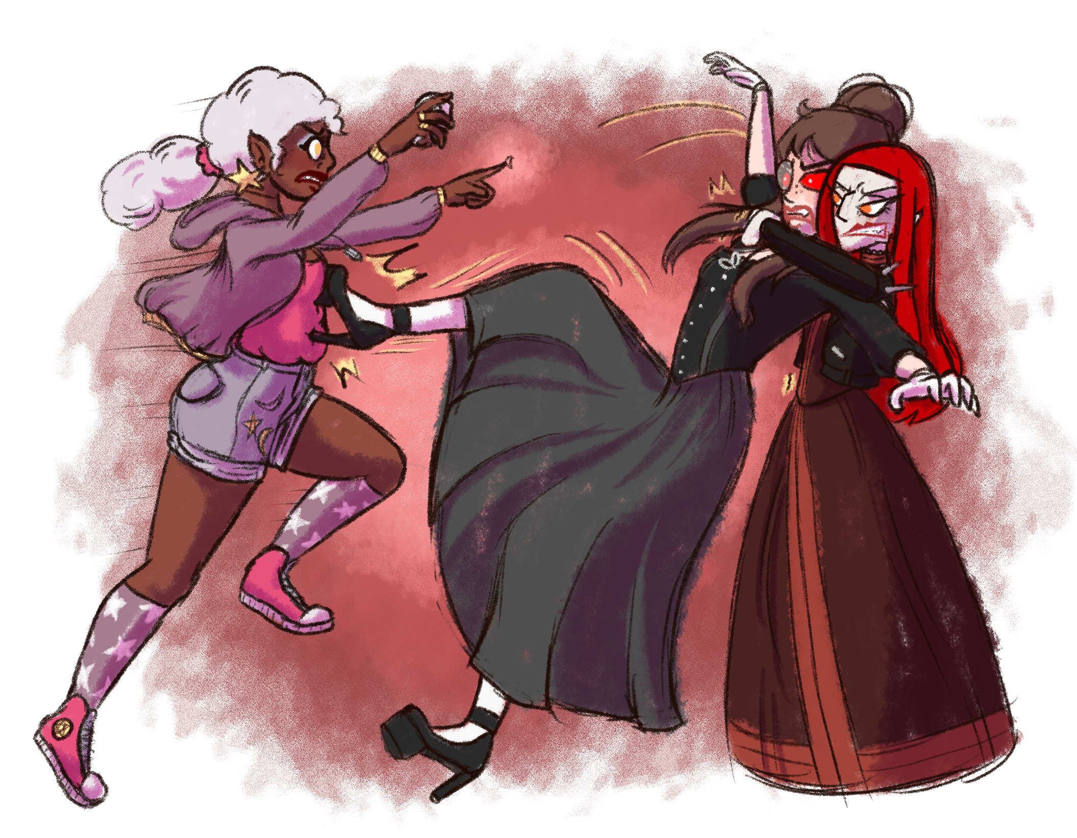 Illustration of the three vampire sisters arguing as Salem lunges toward Alexa while Carnita restrains her.