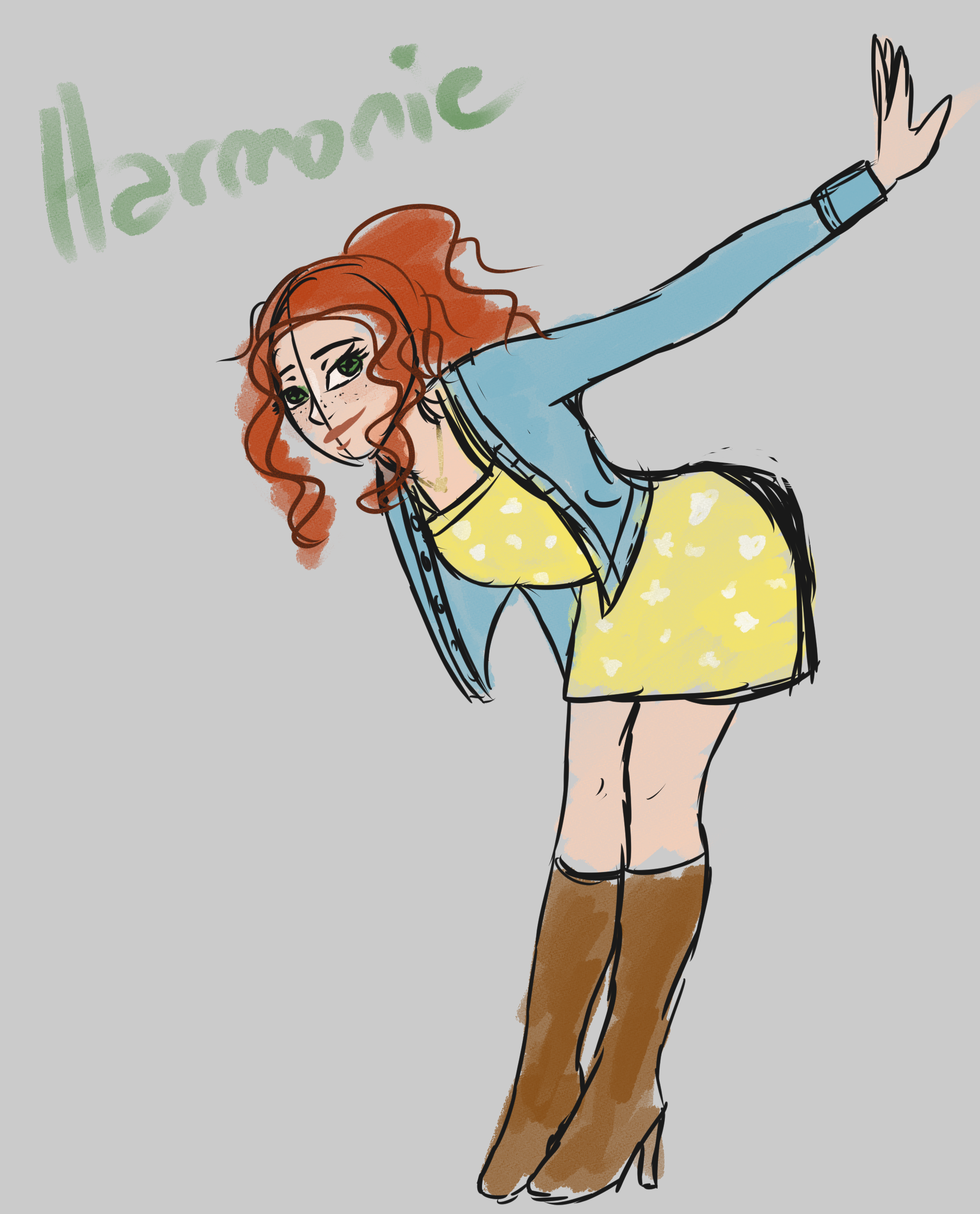 Character sketch of a smiling red-haired woman in a yellow floral dress and blue cardigan, leaning forward with one arm outstretched.