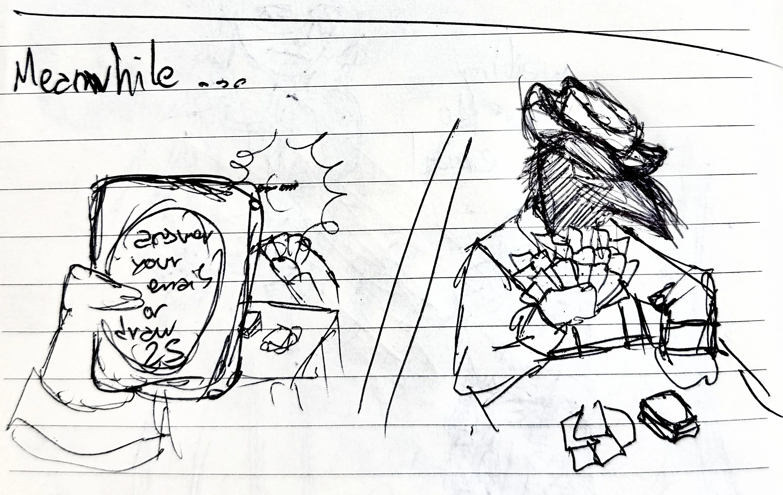 Sketchbook page recreating the "do this or draw 25" meme with fantasy characters, showing a bird-headed figure and a sun-headed figure