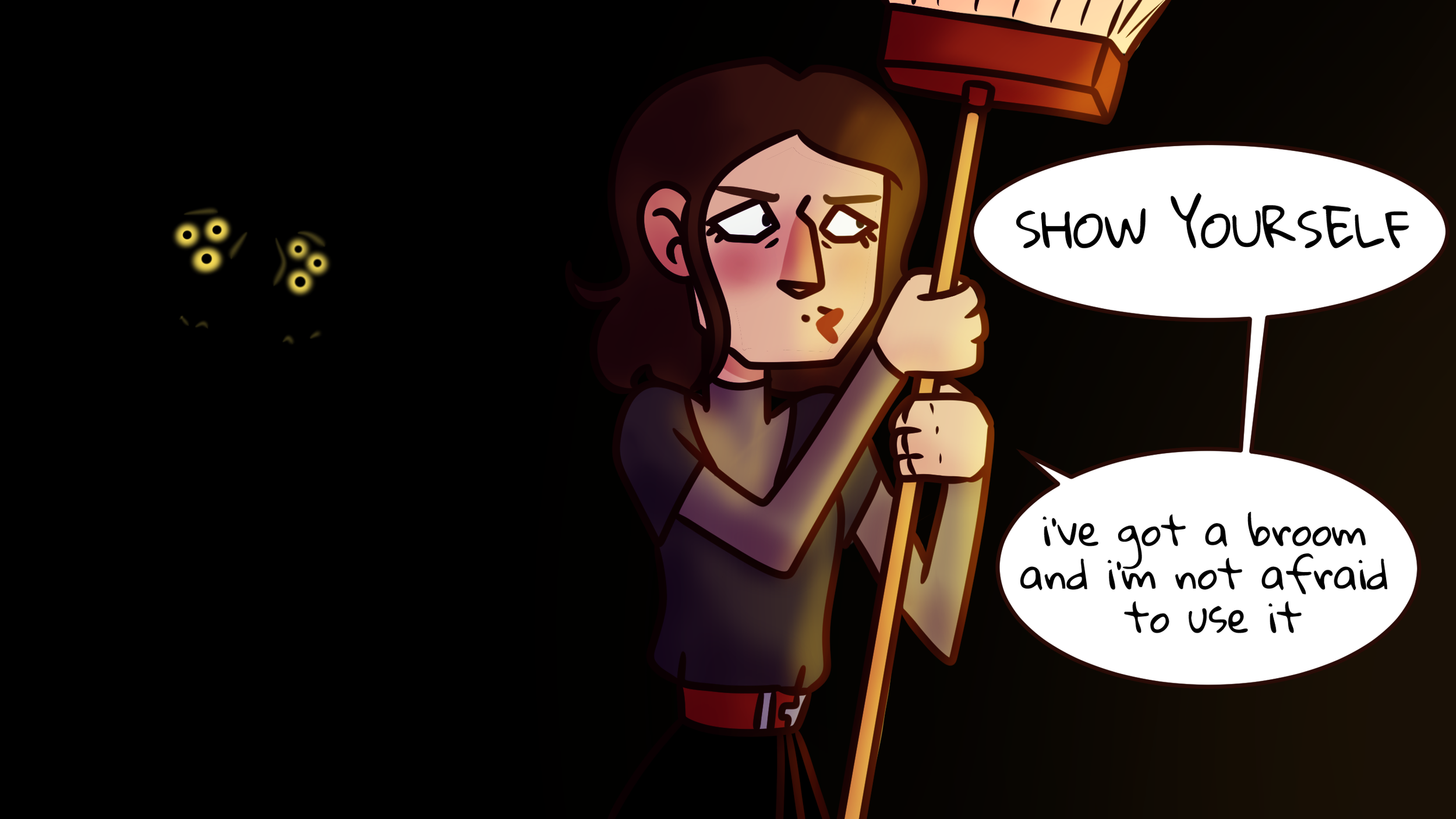 Humorous illustration of a woman clutching a broom in the dark while glowing eyes peer at her from the shadows.