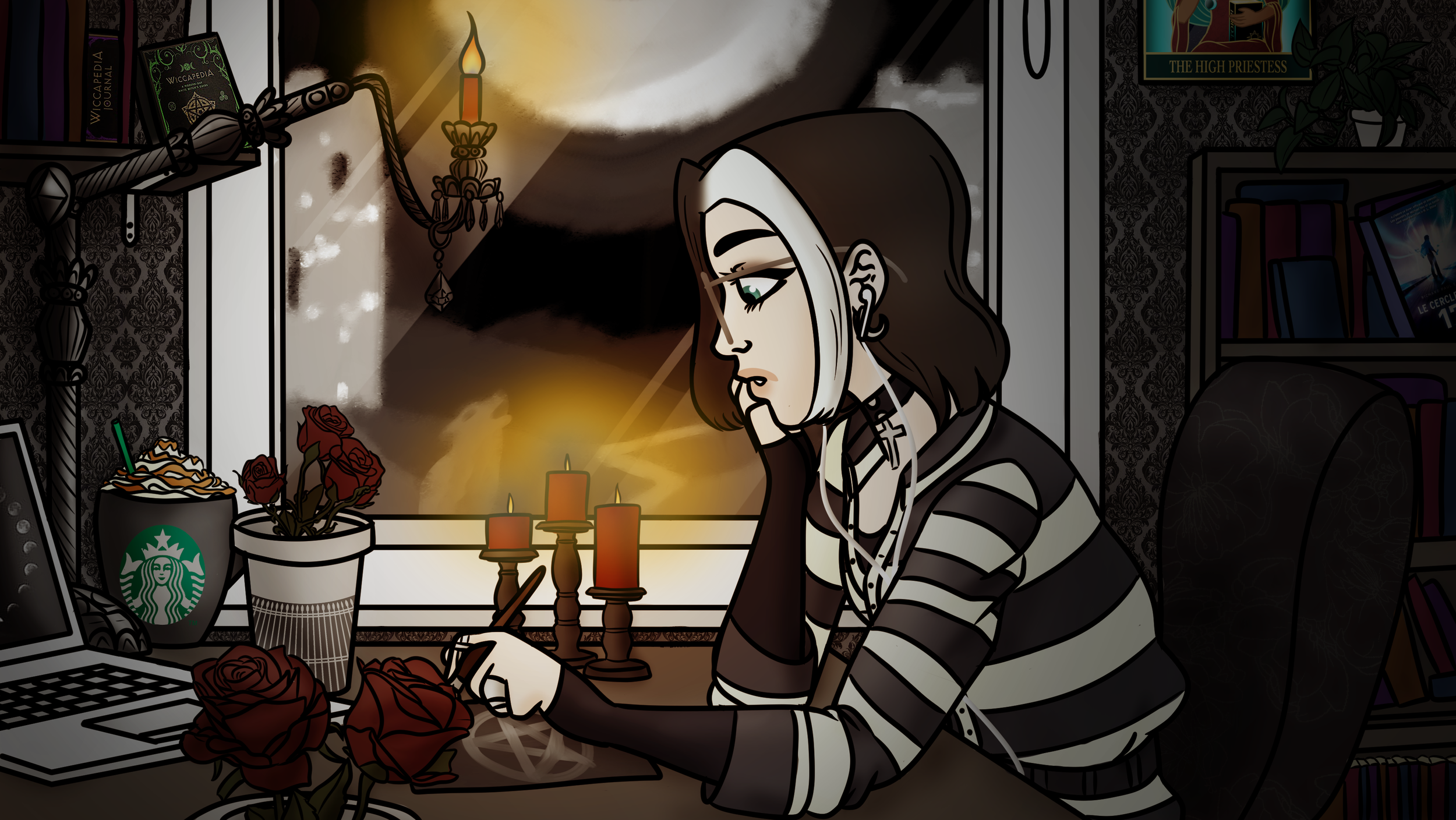 Illustration of a woman drawing at her desk by candlelight, with roses, candles and gothic decorations beside a window overlooking a full moon.
