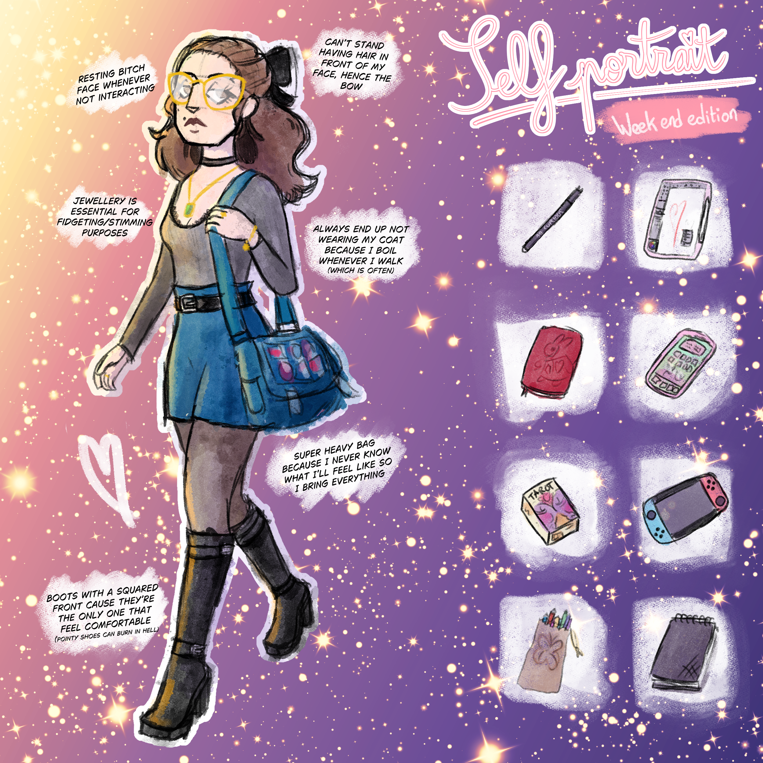 Illustrated self-portrait of Lisa Candel wearing casual weekend clothes and carrying a shoulder bag, surrounded by everyday items including an erasable pen, journal, tarot deck, coloured pencils in a butterfly case, iPad, phone, Nintendo Switch and s