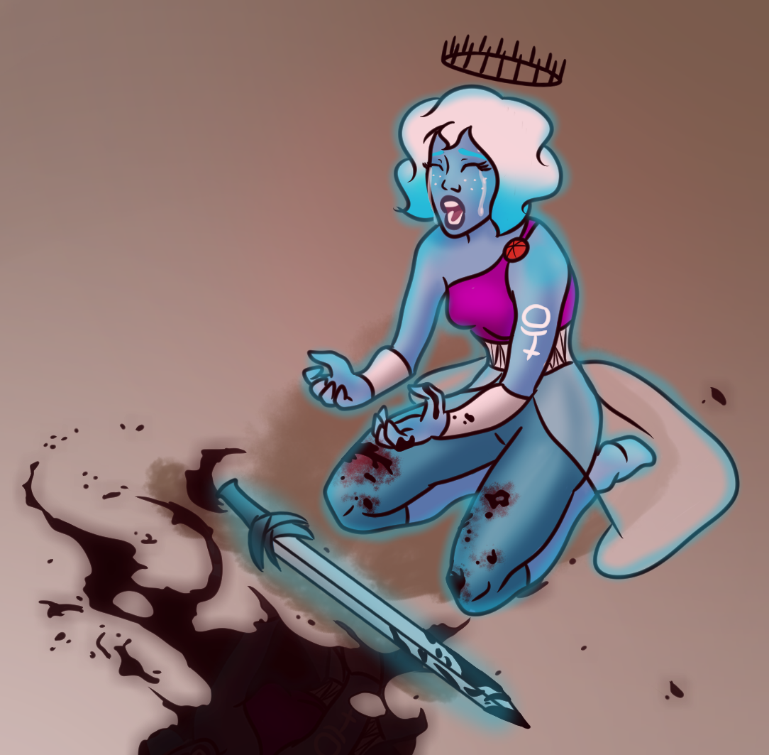 Illustration of a blue-skinned young woman kneeling beside a bloodstained sword, crying with glowing tears and blood-covered clothing.