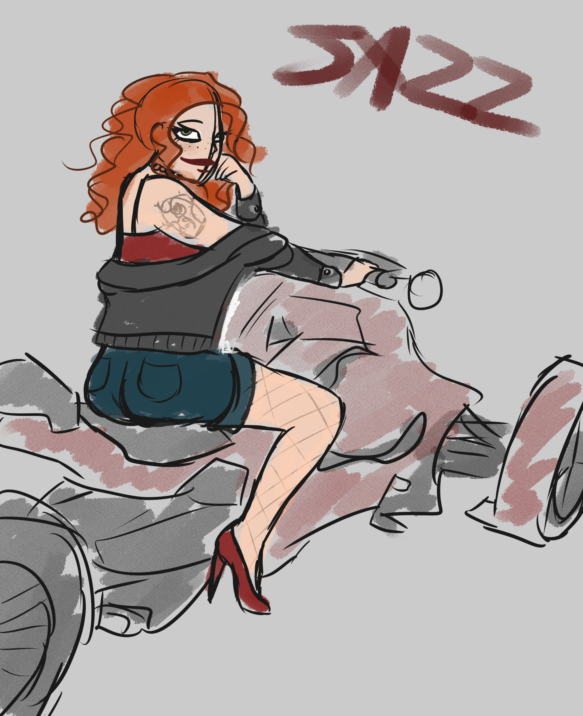 Character sketch of a red-haired woman with curly hair sitting confidently on a motorbike, wearing a red top, oversized leqther jacket, fishnet tights and high heels.