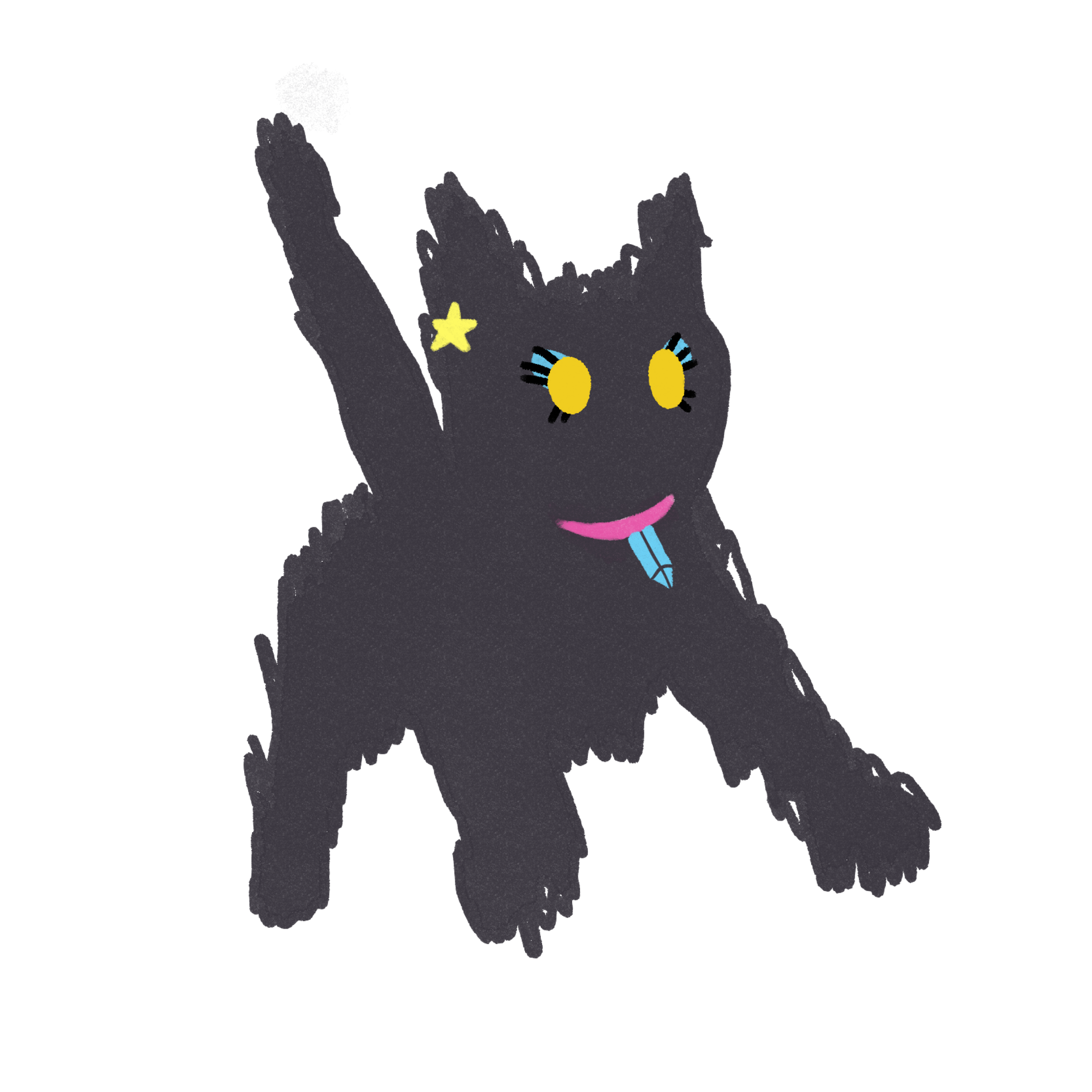 llustration of Salem in her transformed cat form as a fluffy black cat with bright yellow eyes, a star-shaped earring, a blue crystal pendant and a surprised expression.