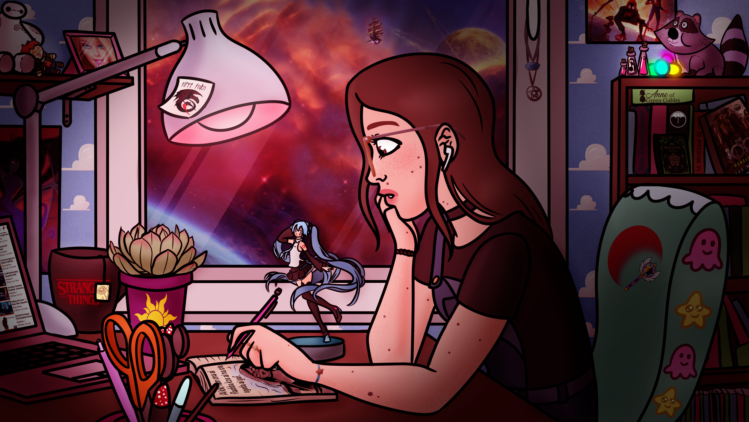 Illustration of a woman sketching in a notebook at her desk by a window overlooking a red nebula, surrounded by books, plants and creative decorations.