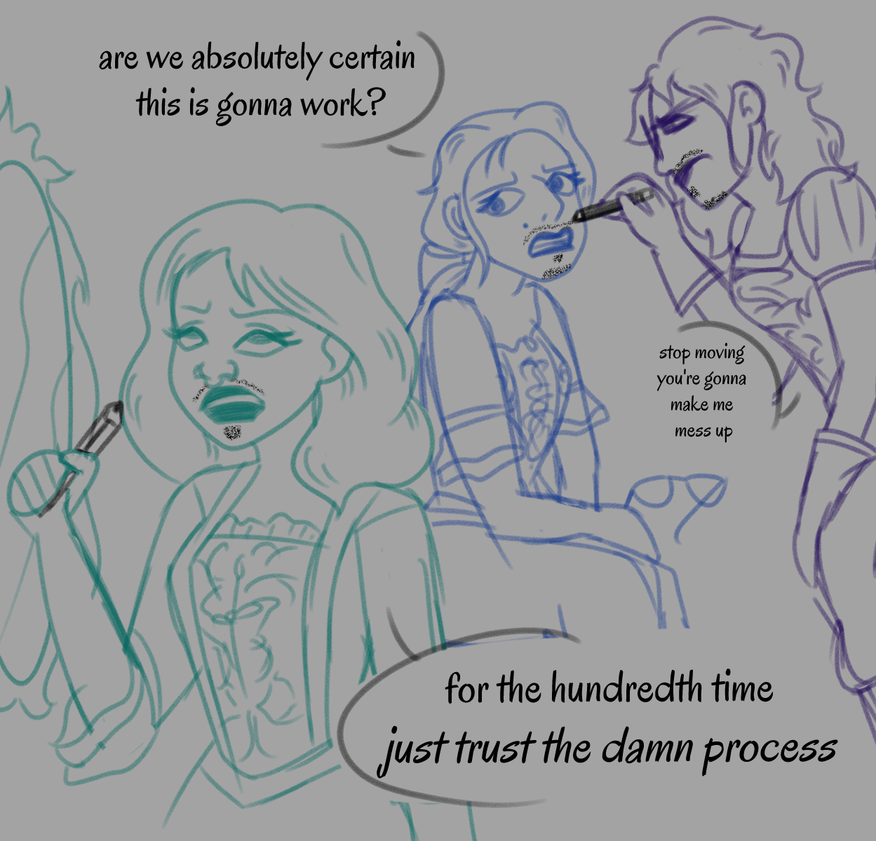 Concept sketch inspired by Barbie and the Three Musketeers, showing three women preparing disguises as one applies fake facial hair to another while a third looks on uncertainly.