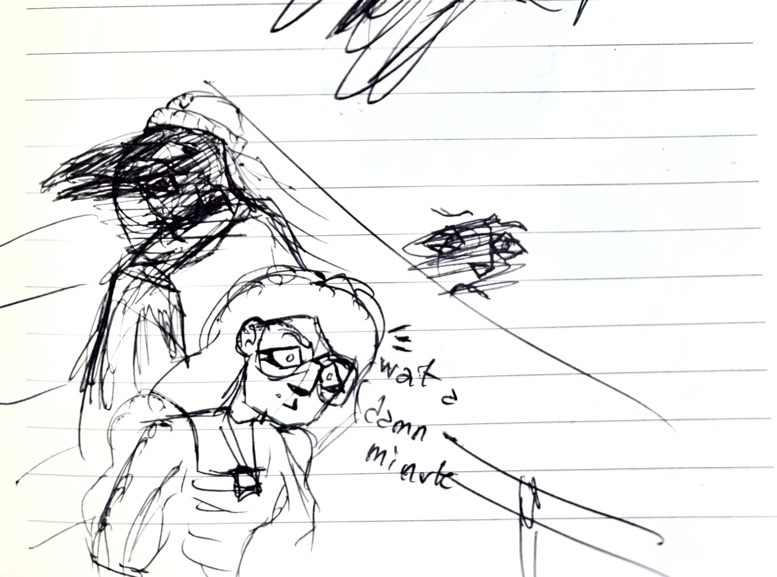 Sketchbook page featuring rough character sketches showing a surprised figure passing by a bird-headed humanoid figure