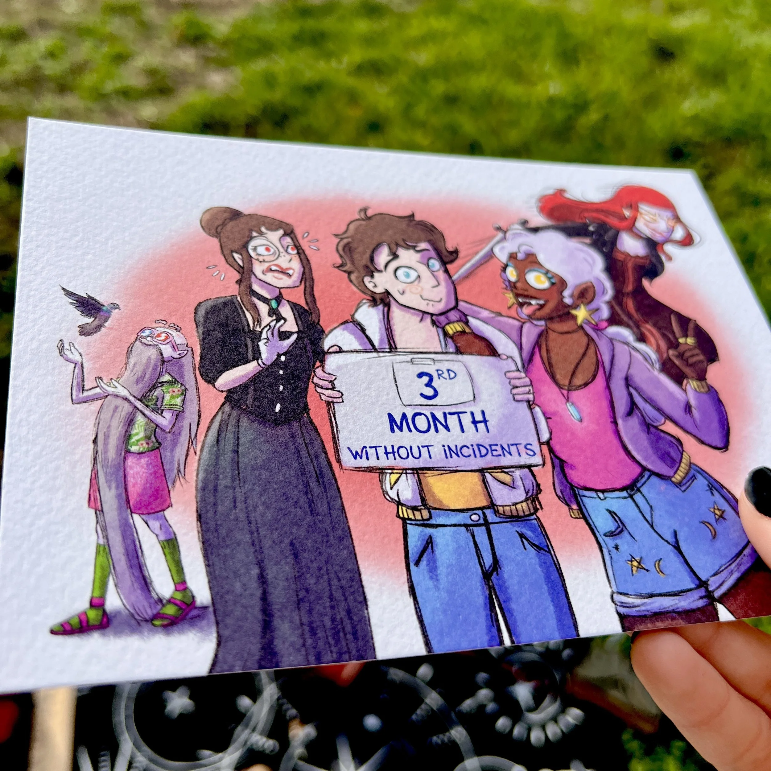 Illustrated button linking to art prints, featuring characters from The Vampires of Yeeting Hill.